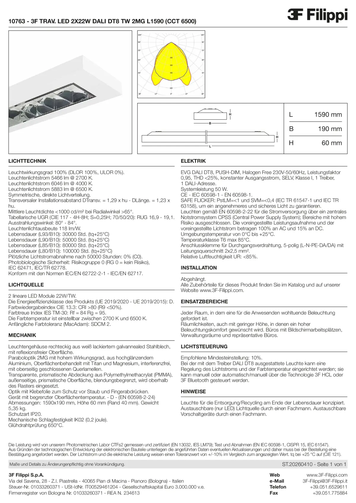 10763 - 3F TRAV. LED 2X22W DALI DT8 TW 2MG L1590 (CCT 6500) - Datasheet - de
