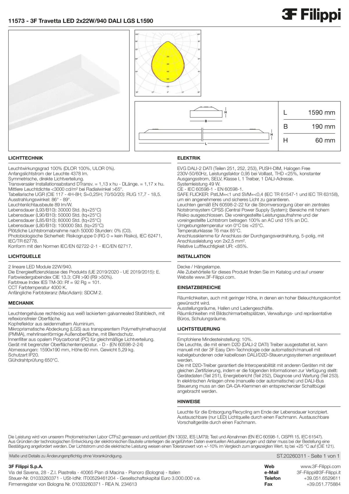 11573 - 3F Travetta LED 2x22W-940 DALI LGS L1590 - Datasheet - de