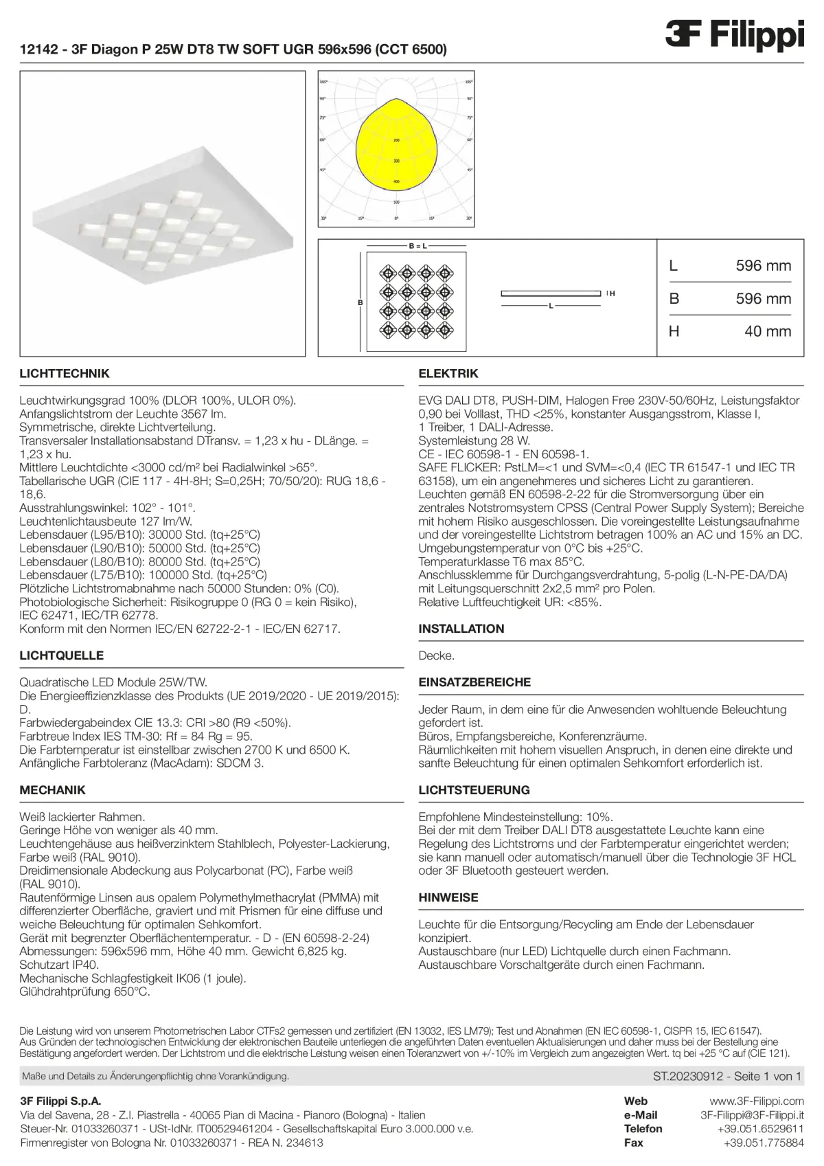 12142 - 3F Diagon P 25W DT8 TW SOFT UGR 596x596 (CCT 6500) - Datasheet - de