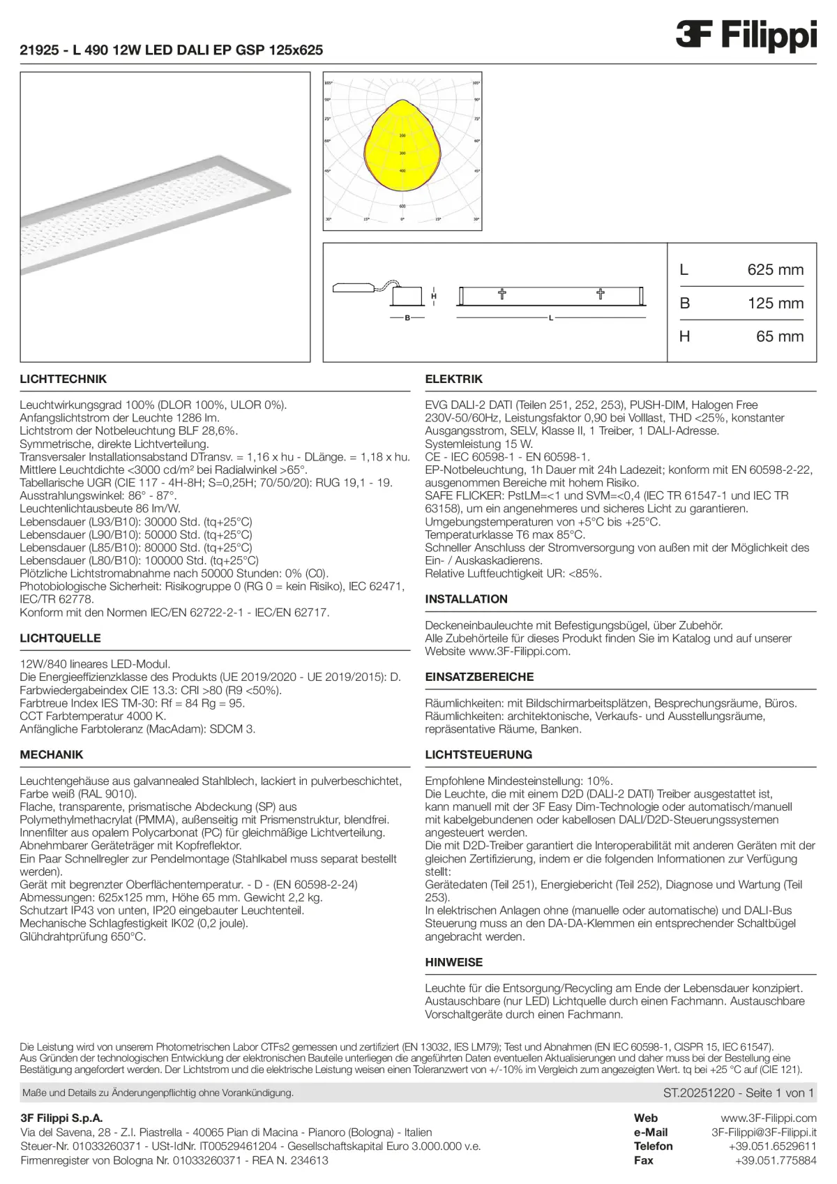 21925 - L 490 12W LED DALI EP GSP 125x625 - Datasheet - de