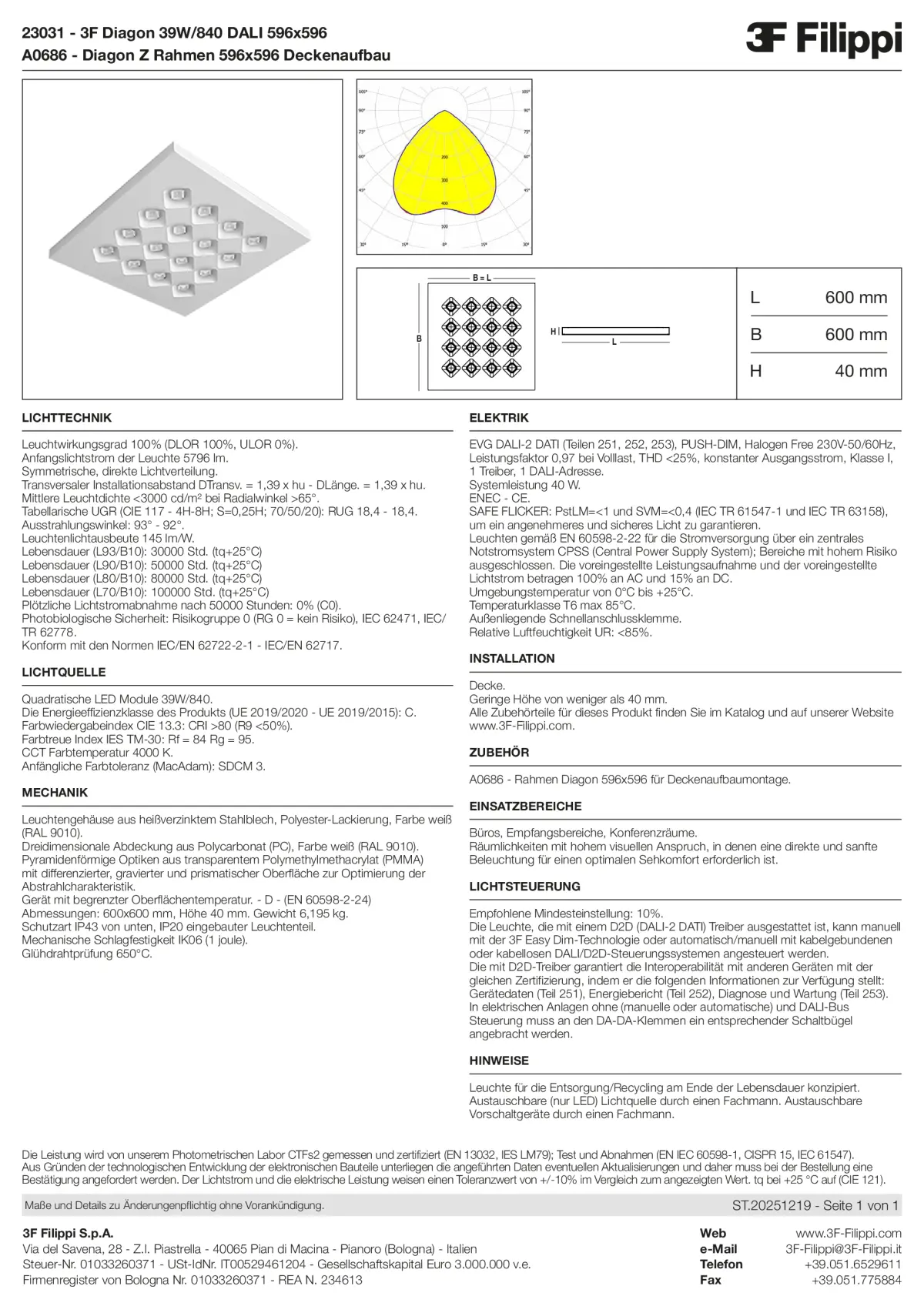 23031+A0686 - 3F Diagon 39W-840 DALI 596x596 + Corn.plaf. - Datasheet - de