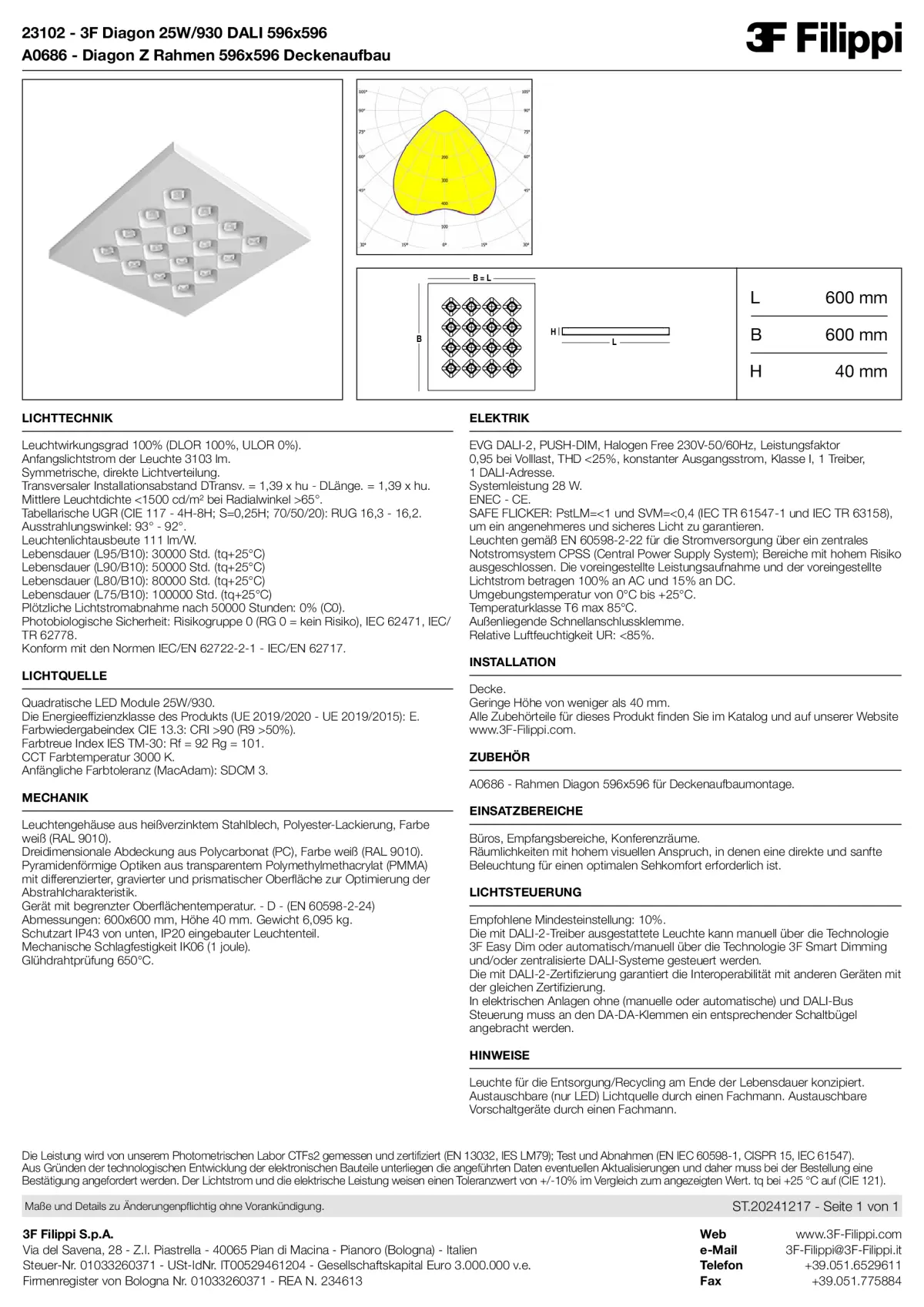 23102+A0686 - 3F Diagon 25W-930 DALI 596x596 + Corn.plaf. - Datasheet - de