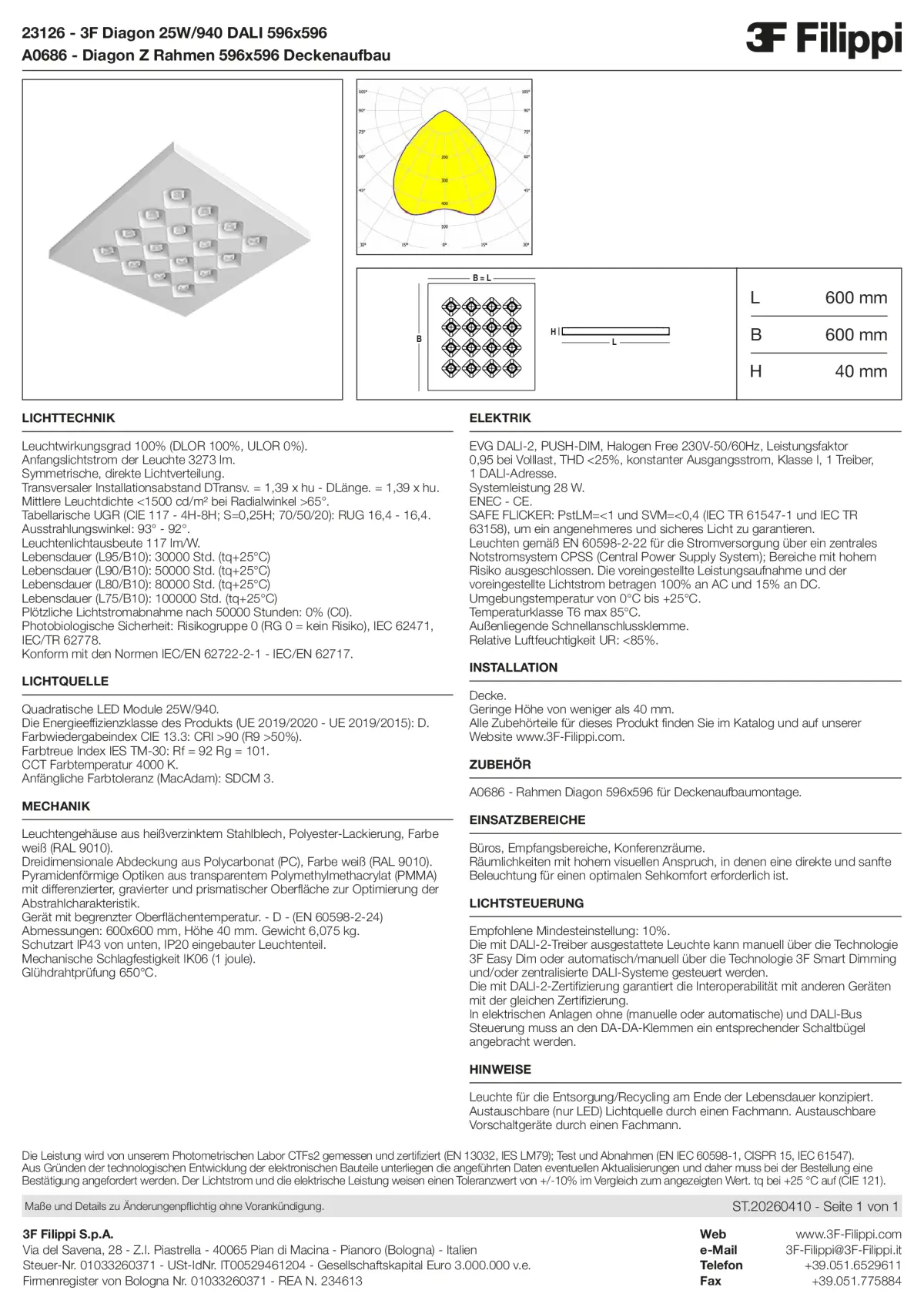 23126+A0686 - 3F Diagon 25W-940 DALI 596x596 + Corn.plaf. - Datasheet - de