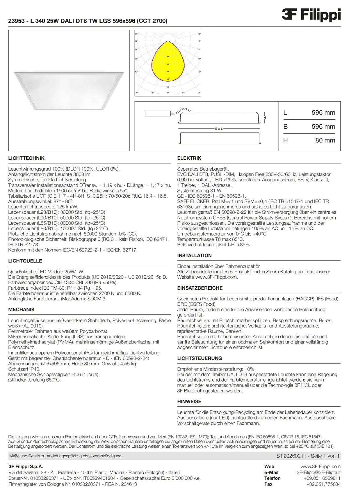 23953 - L 340 25W DALI DT8 TW LGS 596x596 (CCT 2700) - Datasheet - de