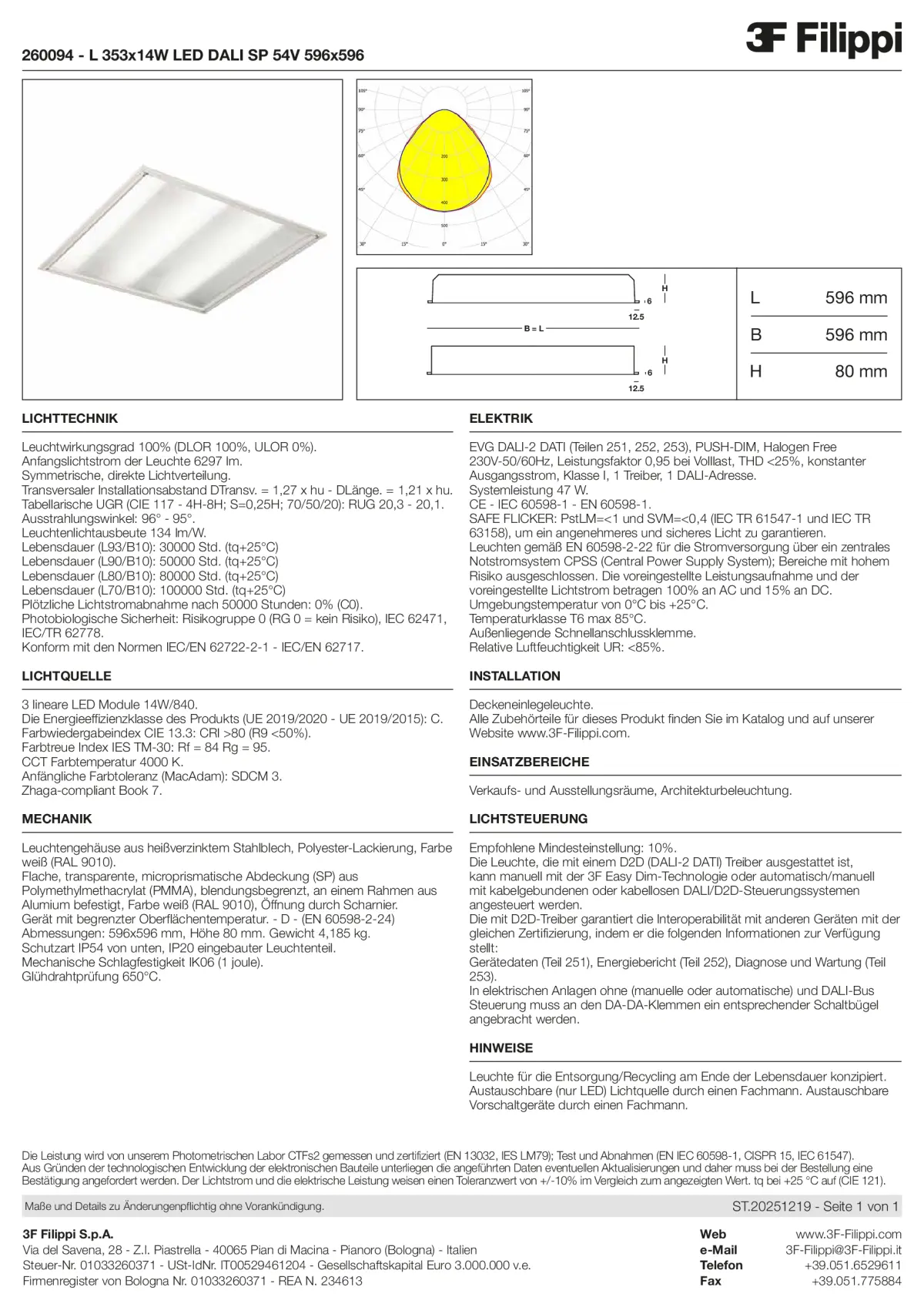 260094 - L 353x14W LED DALI SP 54V 596x596 - Datasheet - de
