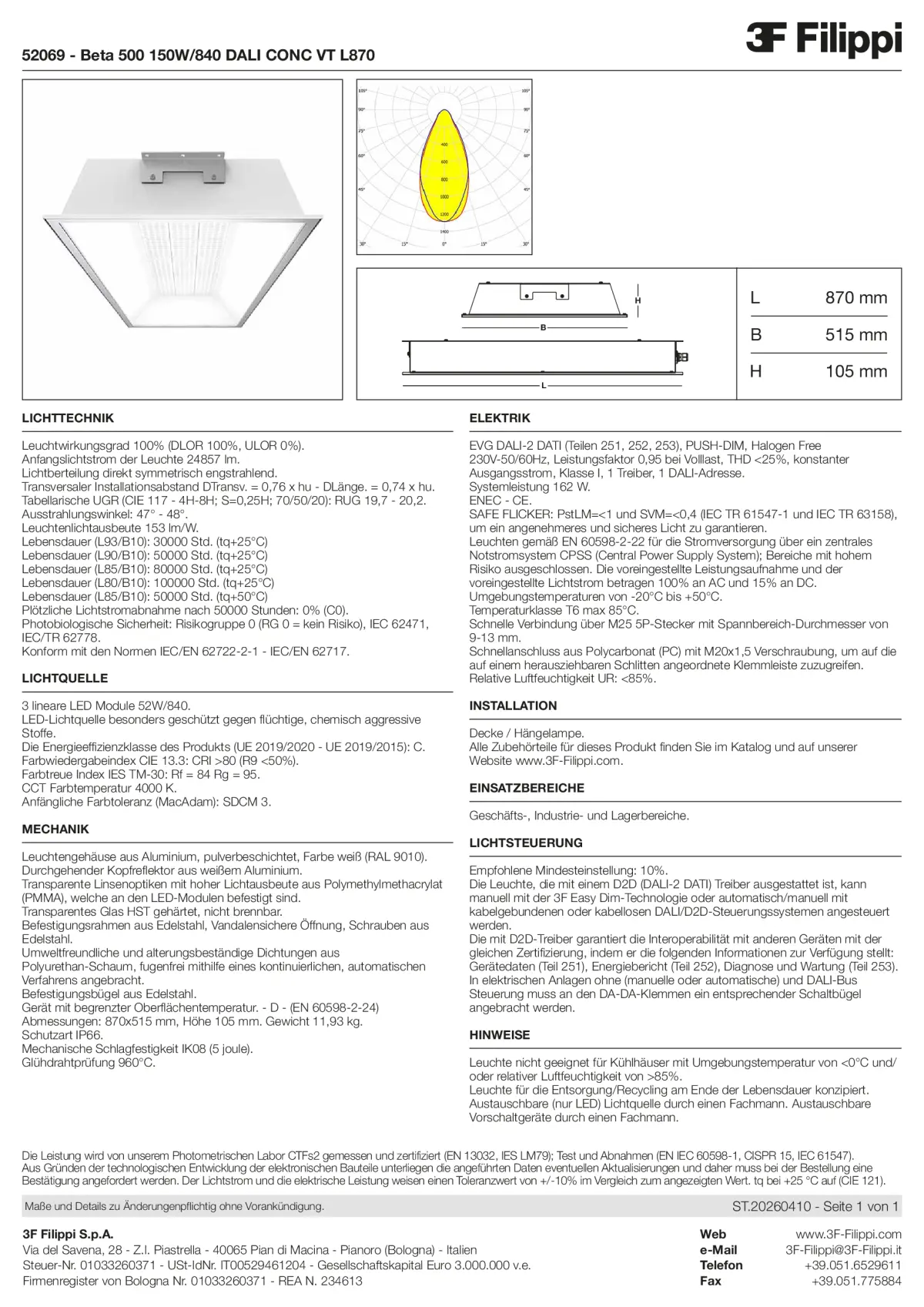 52069 - Beta 500 150W-840 DALI CONC VT L870 - Datasheet - de