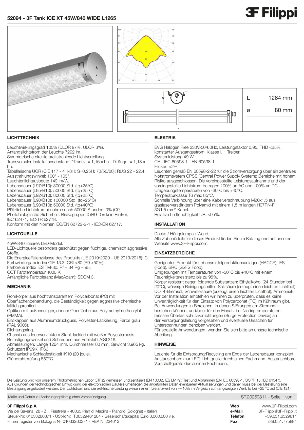 52094 - 3F Tank ICE XT 45W-840 WIDE L1265 - Datasheet - de