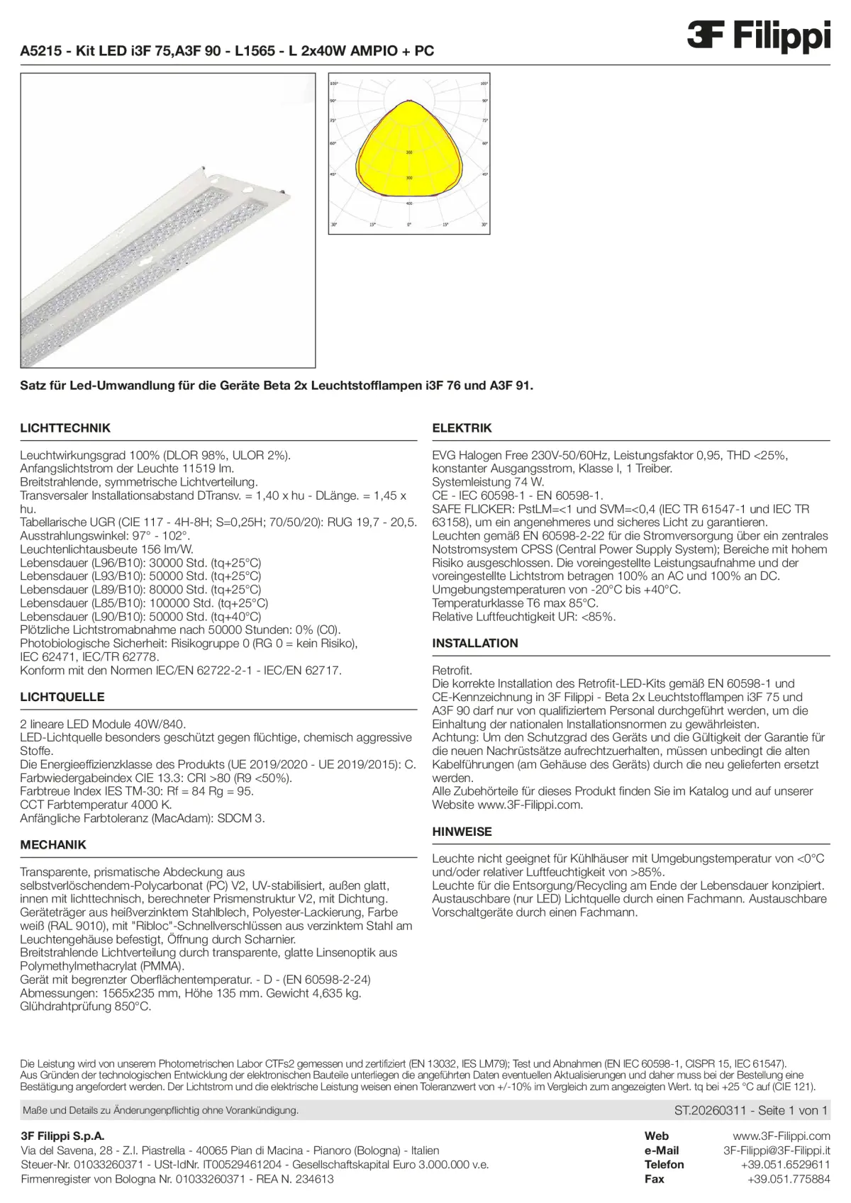 A5215 - Kit LED i3F 75,A3F 90 - L1565 - L 2x40W AMPIO + PC - Datasheet - de