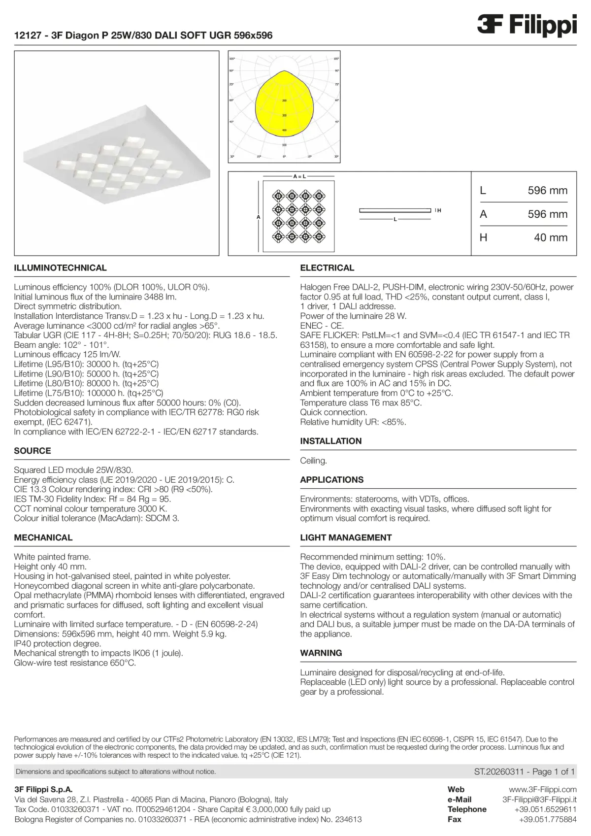 12127 - 3F Diagon P 25W-830 DALI SOFT UGR 596x596 - Datasheet - en