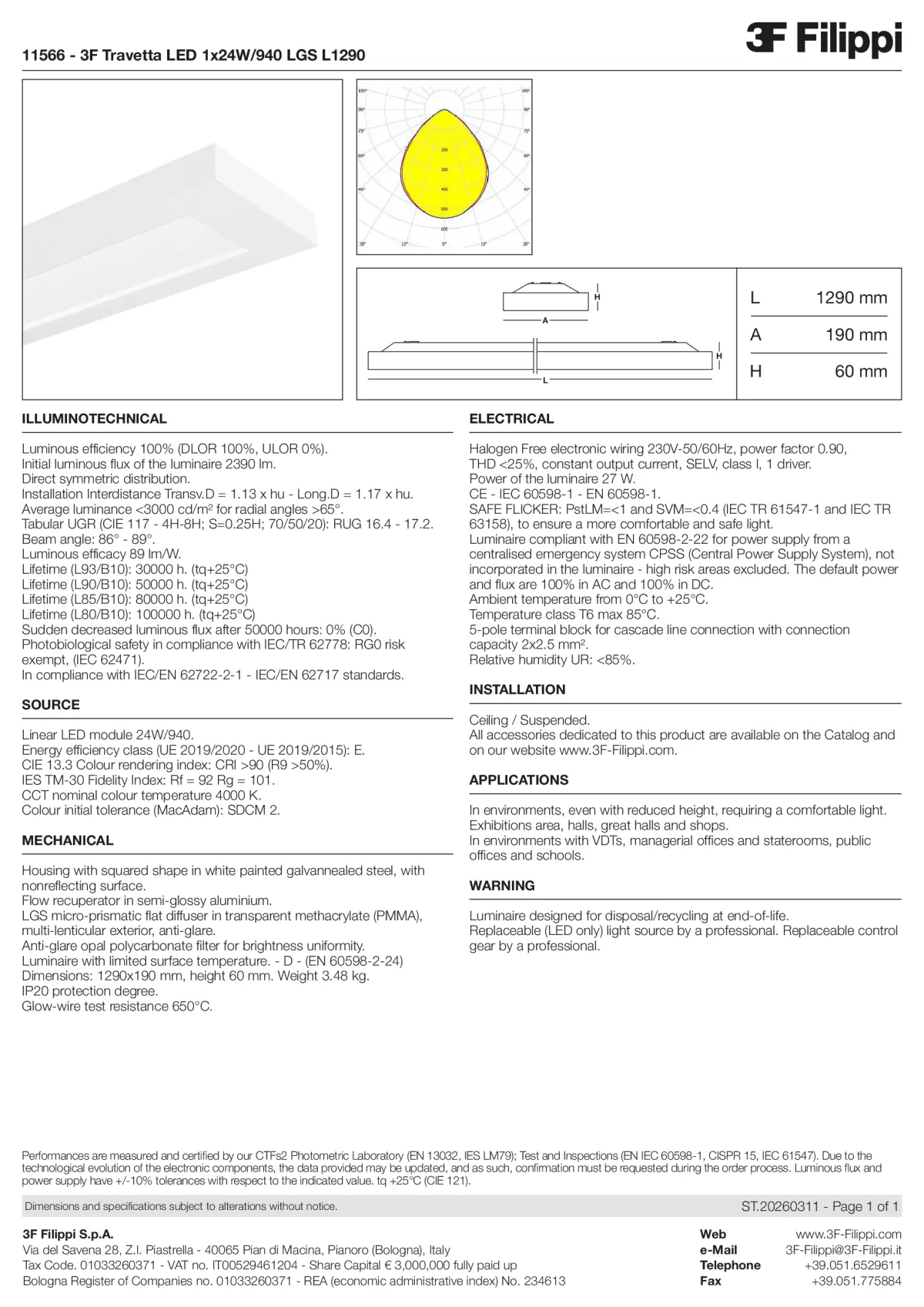 11566 - 3F Travetta LED 1x24W-940 LGS L1290 - Datasheet - en