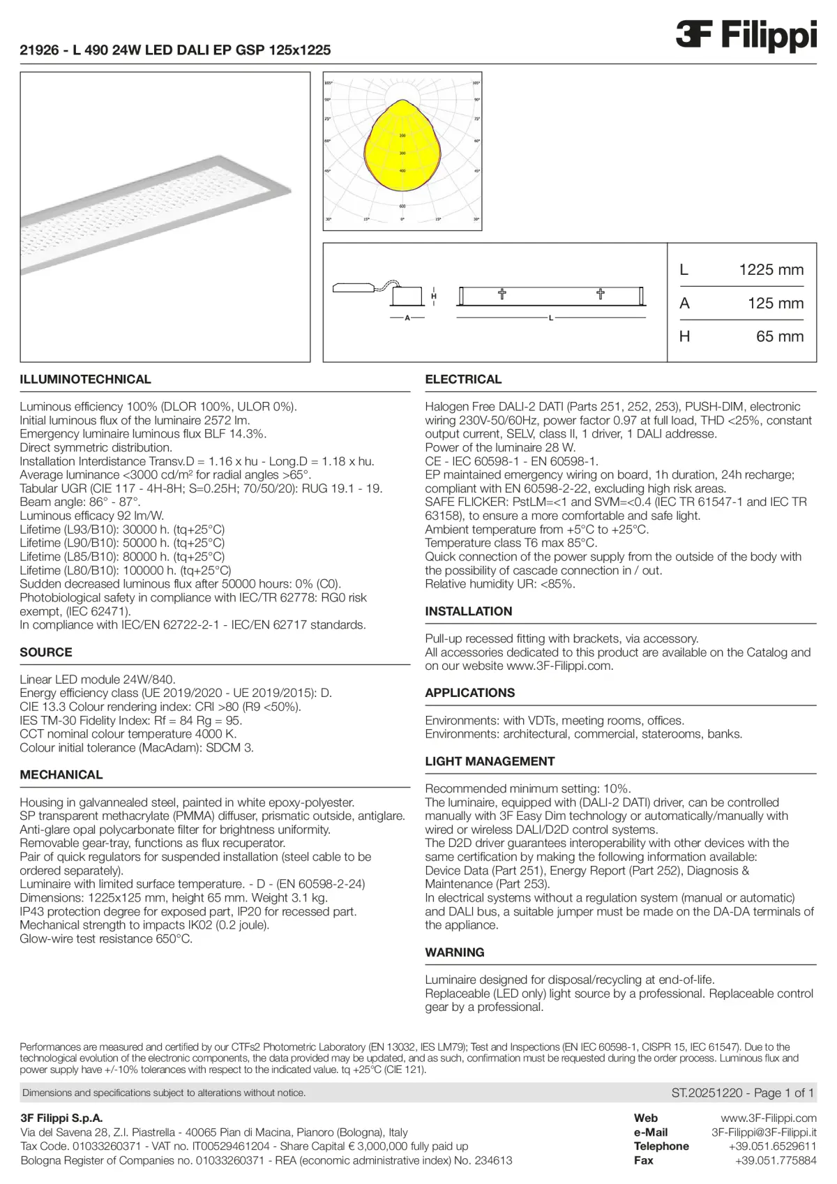 21926 - L 490 24W LED DALI EP GSP 125x1225 - Datasheet - en