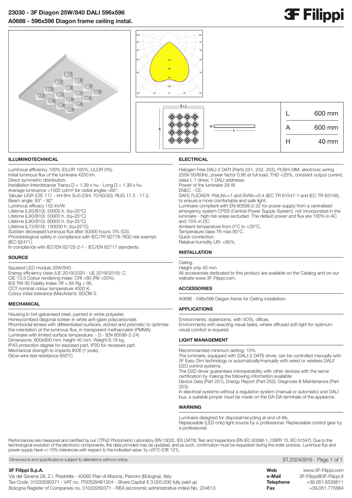 23030+A0686 - 3F Diagon 25W-840 DALI 596x596 + Corn.plaf. - Datasheet - en