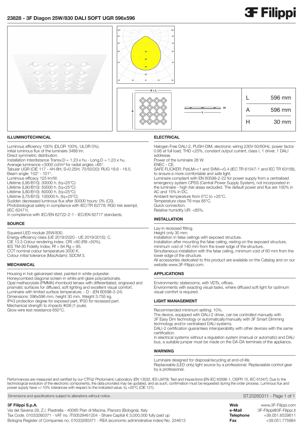 23828 - 3F Diagon 25W-830 DALI SOFT UGR 596x596 - Datasheet - en