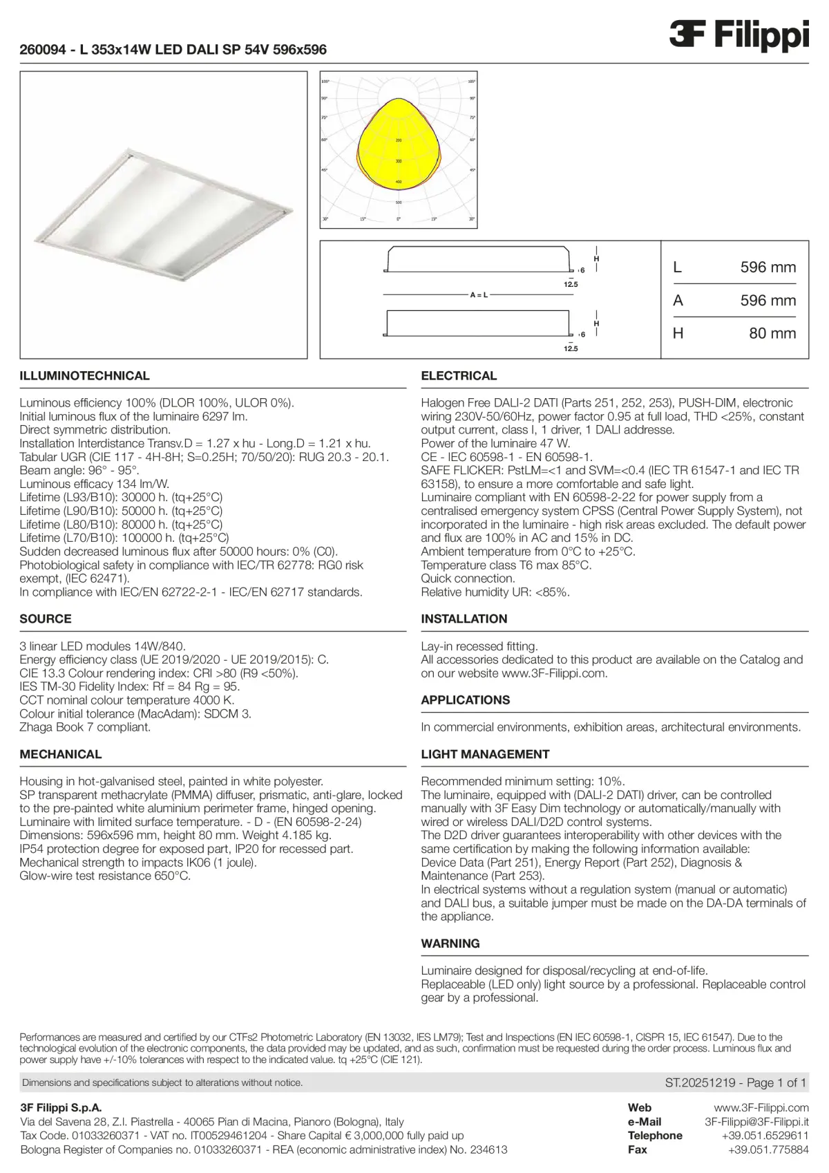 260094 - L 353x14W LED DALI SP 54V 596x596 - Datasheet - en