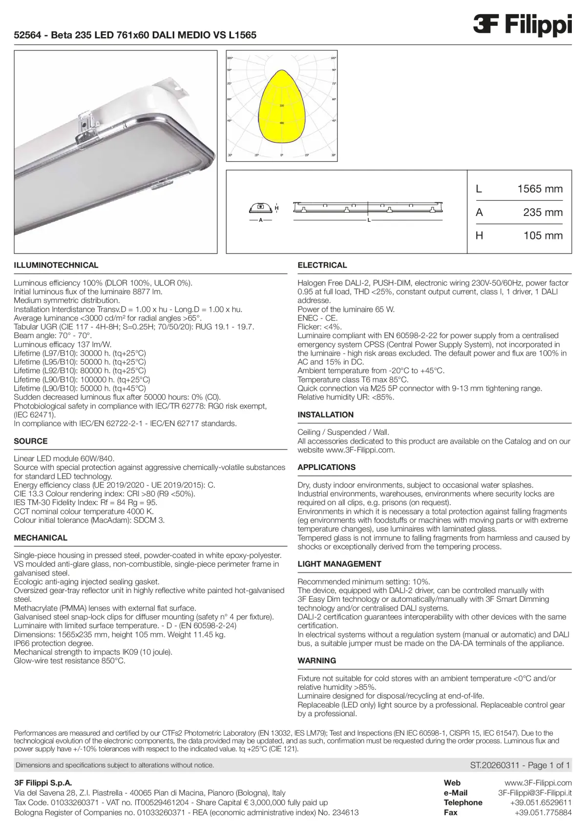 52564 - Beta 235 LED 761x60 DALI MEDIO VS L1565 - Datasheet - en