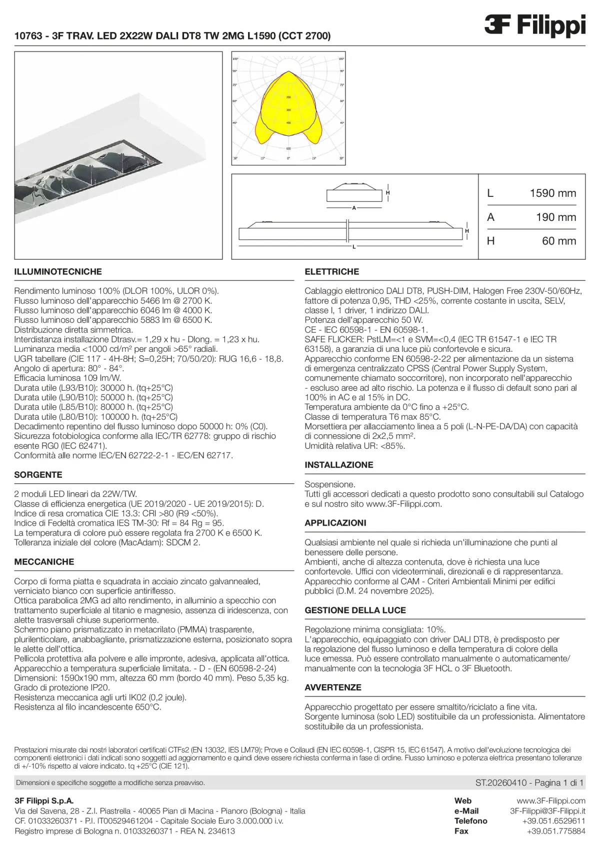 10763 - 3F TRAV. LED 2X22W DALI DT8 TW 2MG L1590 (CCT 2700) - Datasheet - it