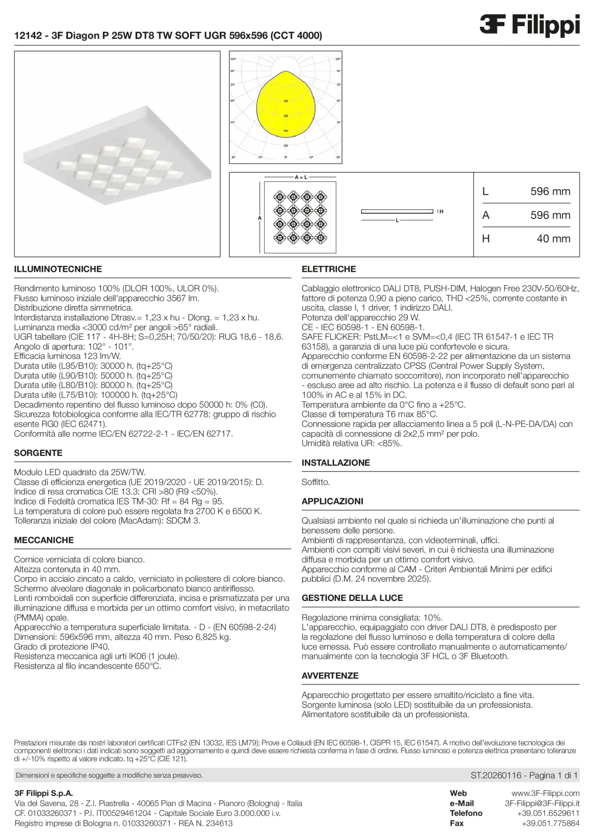 12142 - 3F Diagon P 25W DT8 TW SOFT UGR 596x596 (CCT 4000) - Datasheet - it