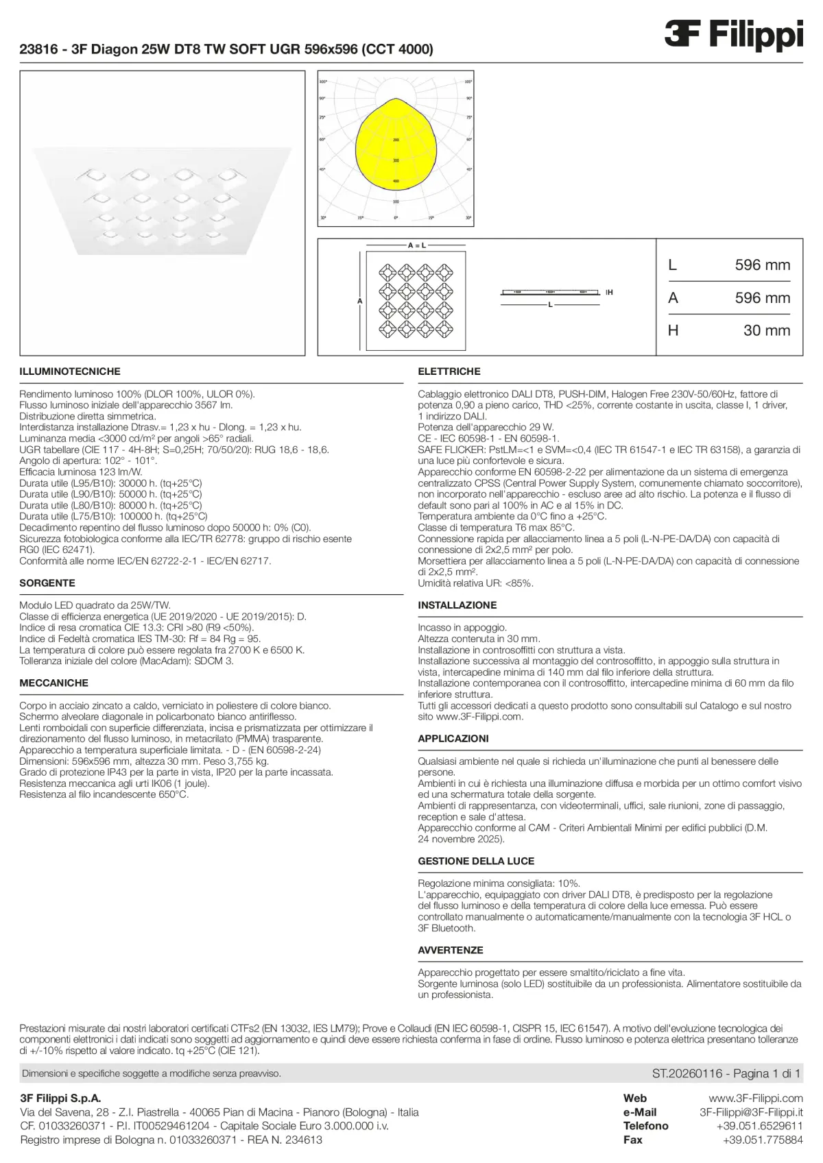 23816 - 3F Diagon 25W DT8 TW SOFT UGR 596x596 (CCT 4000) - Datasheet - it