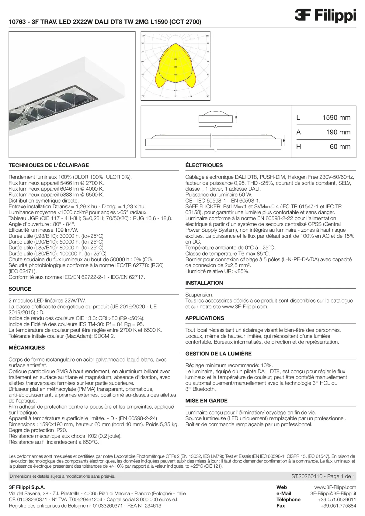 10763 - 3F TRAV. LED 2X22W DALI DT8 TW 2MG L1590 (CCT 2700) - Datasheet - fr
