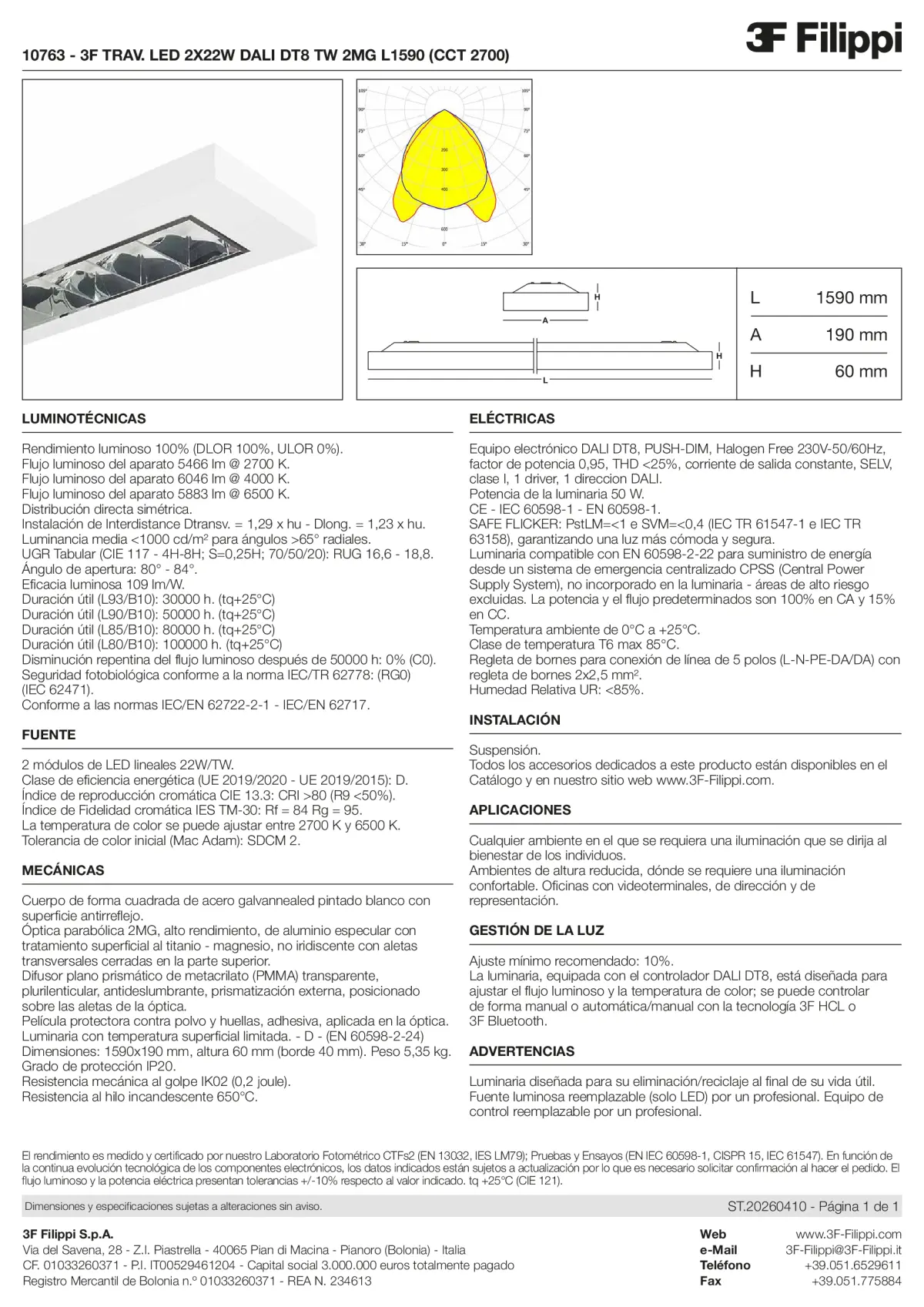 10763 - 3F TRAV. LED 2X22W DALI DT8 TW 2MG L1590 (CCT 2700) - Datasheet - es