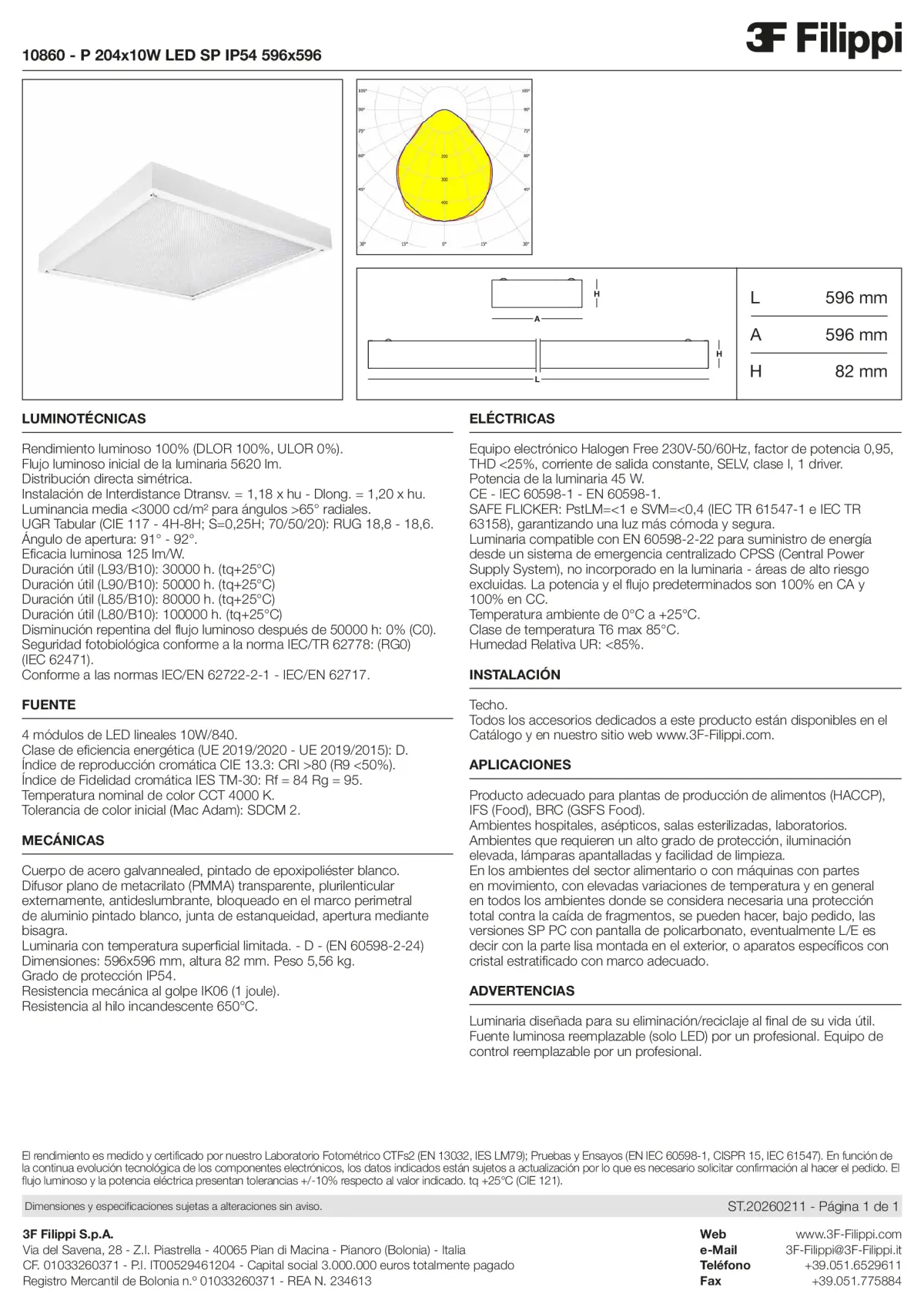 10860 - P 204x10W LED SP IP54 596x596 - Datasheet - es