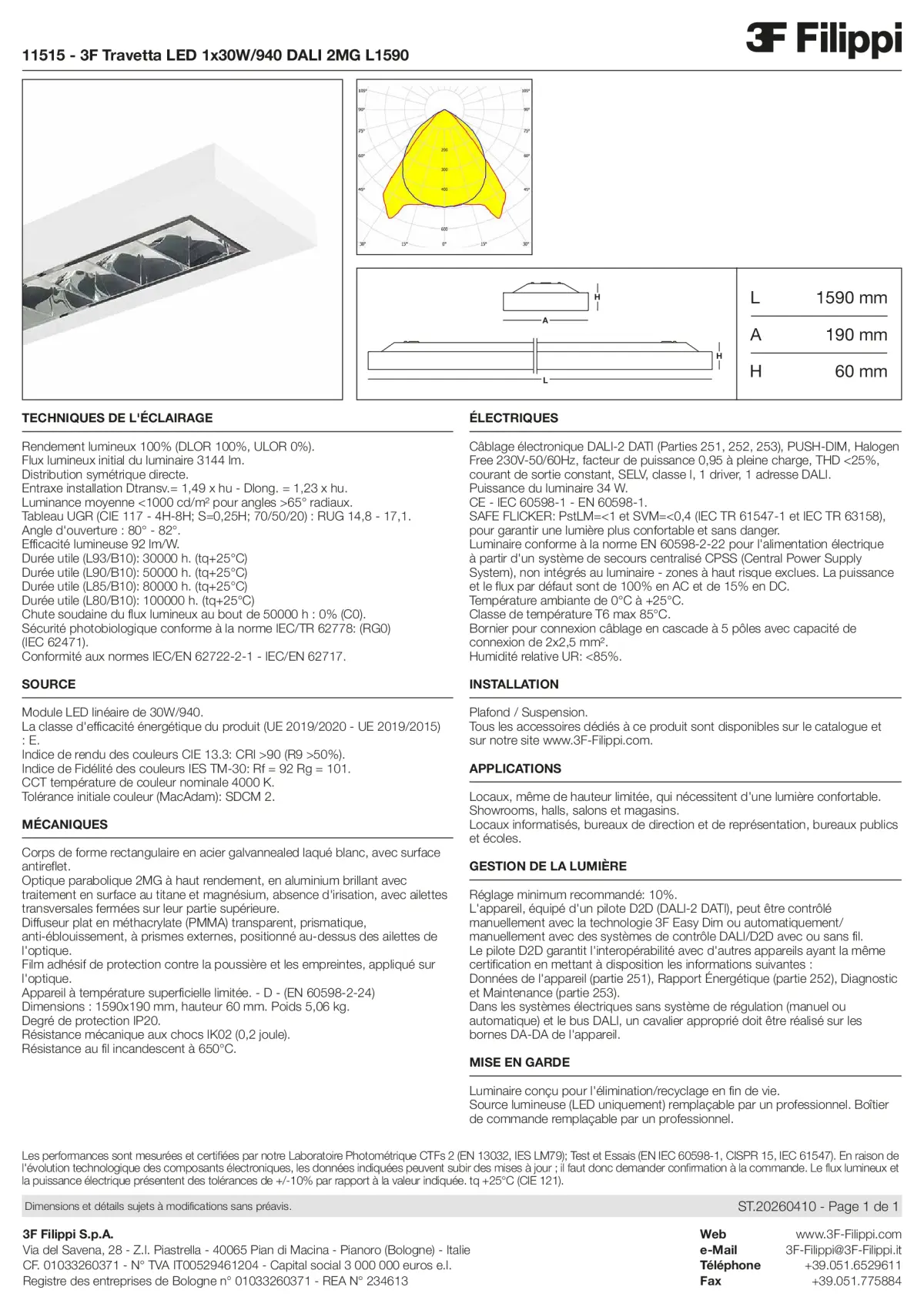 11515 - 3F Travetta LED 1x30W-940 DALI 2MG L1590 - Datasheet - fr