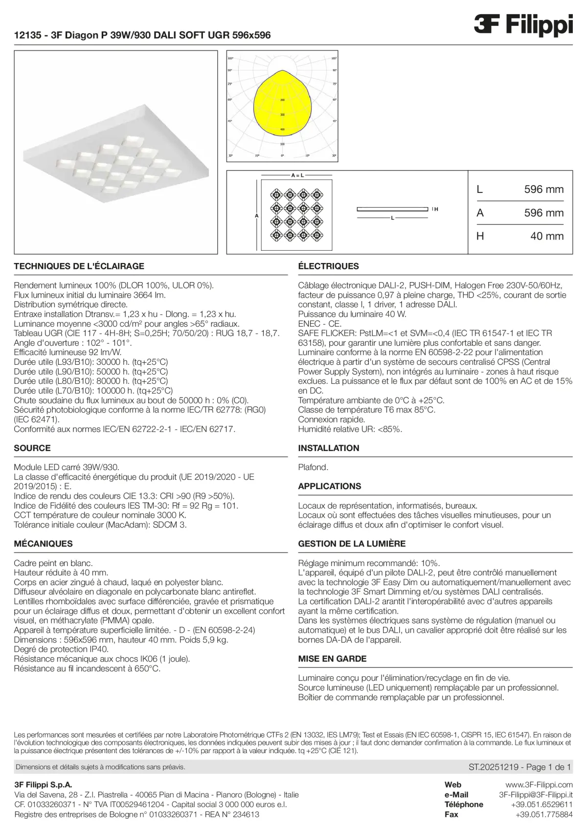 12135 - 3F Diagon P 39W-930 DALI SOFT UGR 596x596 - Datasheet - fr