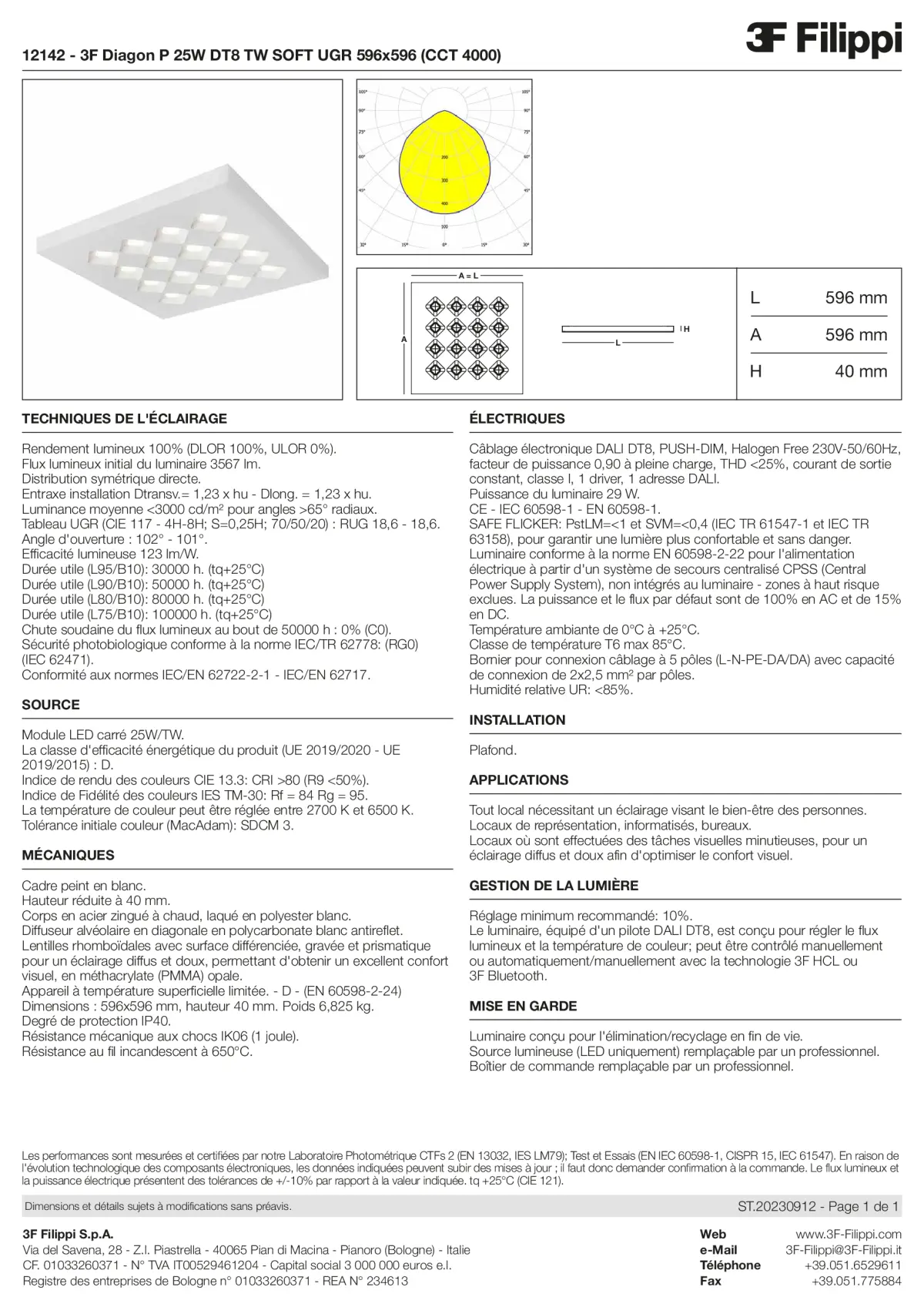 12142 - 3F Diagon P 25W DT8 TW SOFT UGR 596x596 (CCT 4000) - Datasheet - fr
