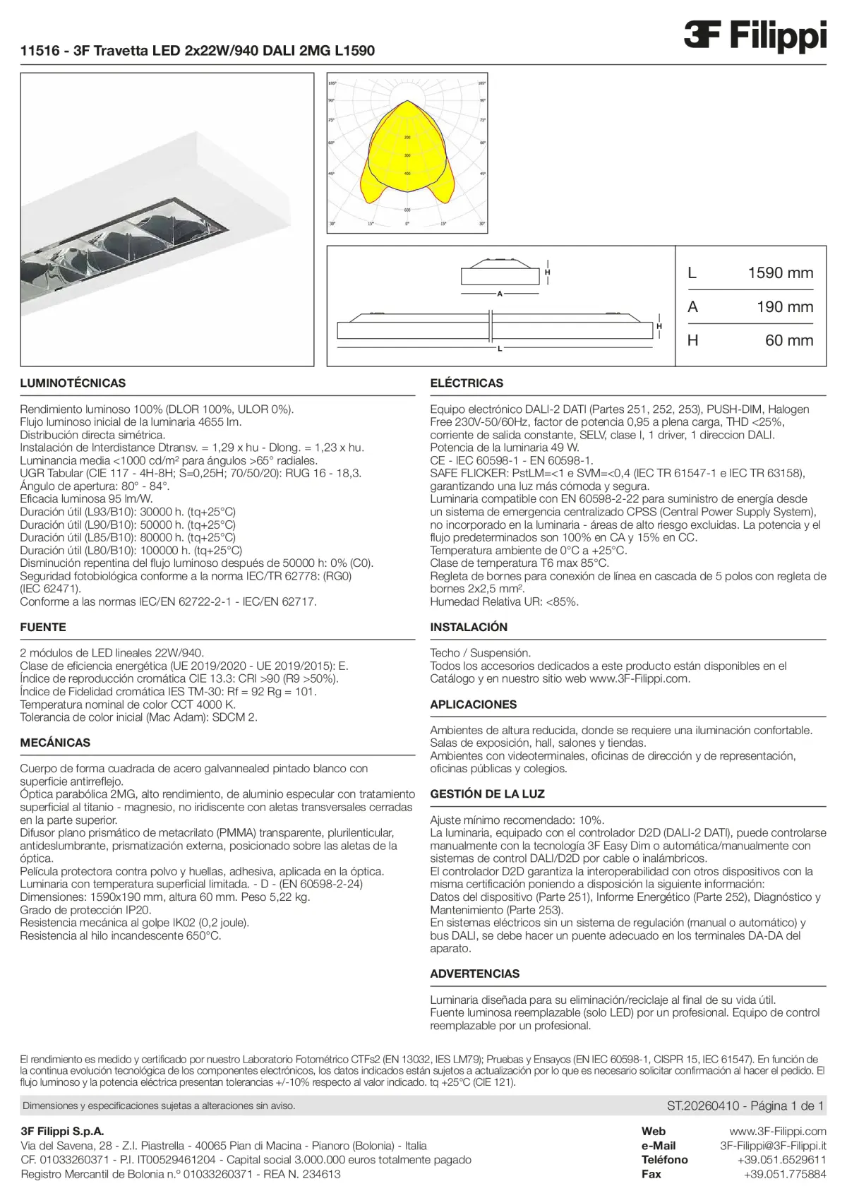 11516 - 3F Travetta LED 2x22W-940 DALI 2MG L1590 - Datasheet - es