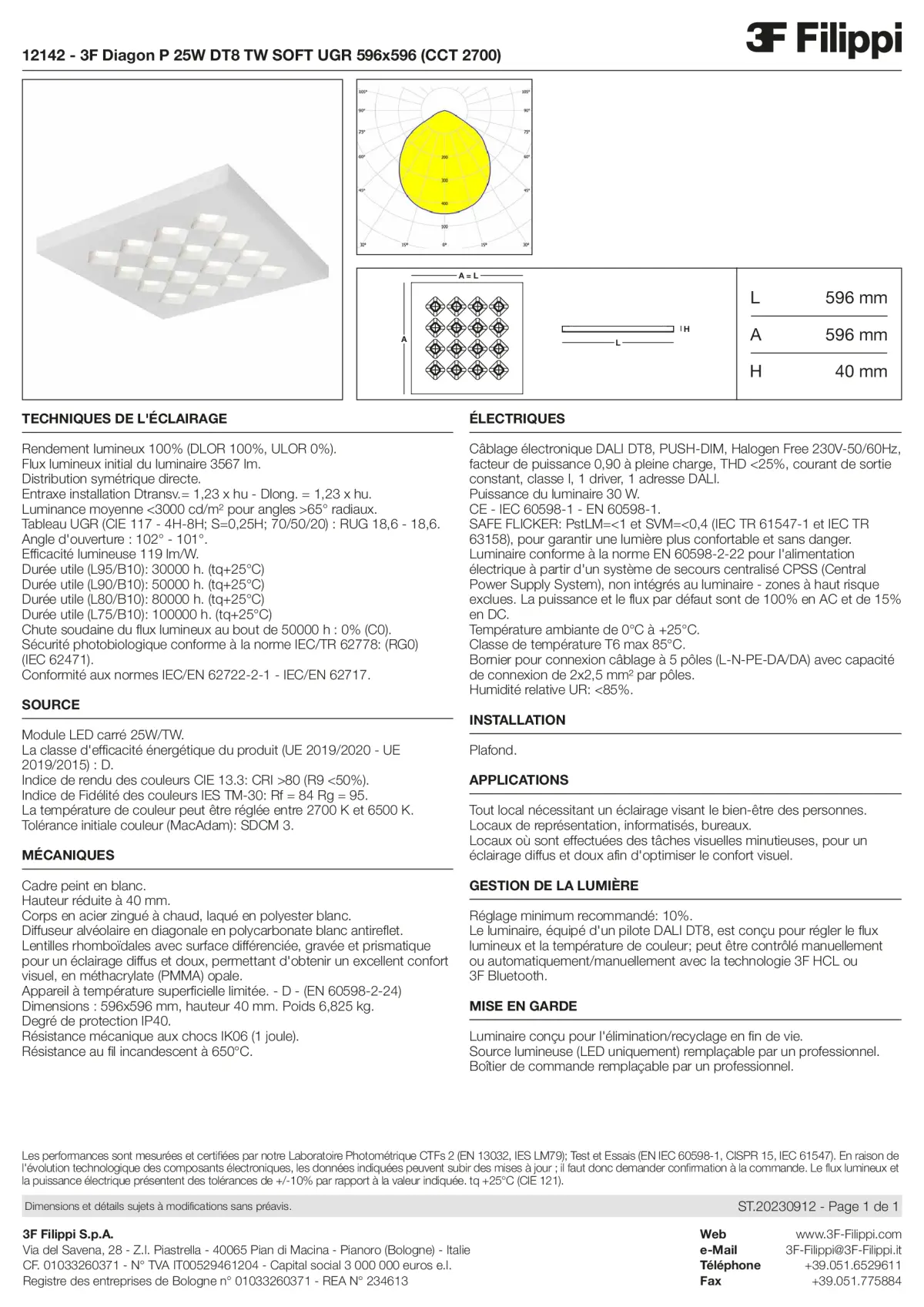 12142 - 3F Diagon P 25W DT8 TW SOFT UGR 596x596 (CCT 2700) - Datasheet - fr