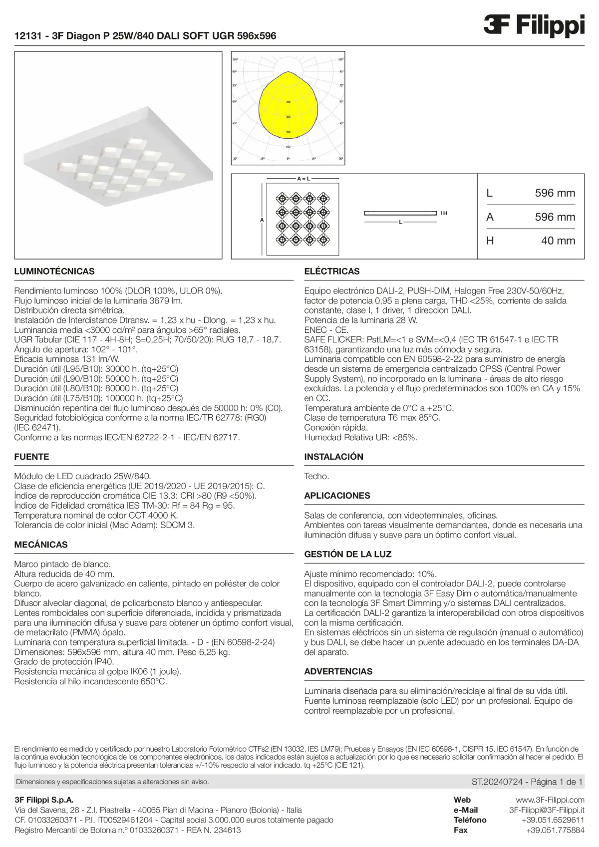 12131 - 3F Diagon P 25W-840 DALI SOFT UGR 596x596 - Datasheet - es
