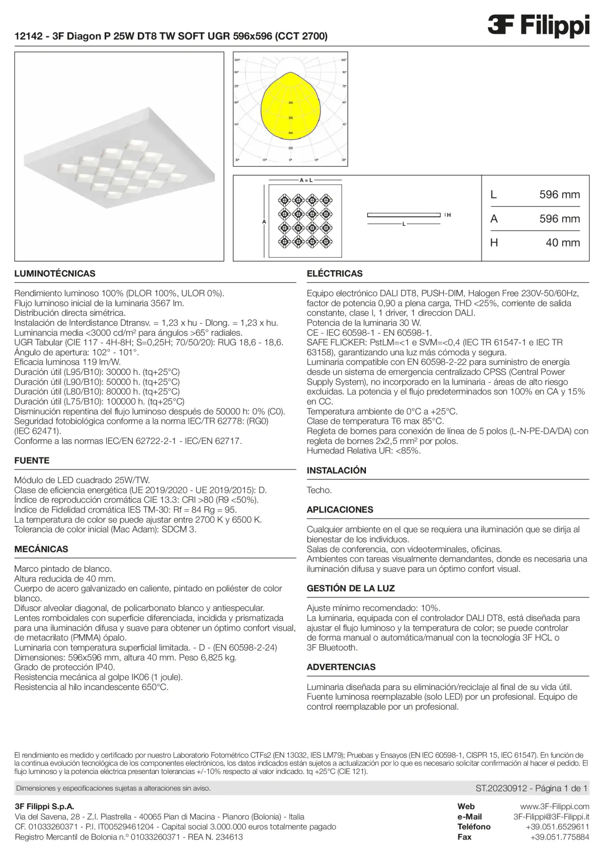 12142 - 3F Diagon P 25W DT8 TW SOFT UGR 596x596 (CCT 2700) - Datasheet - es