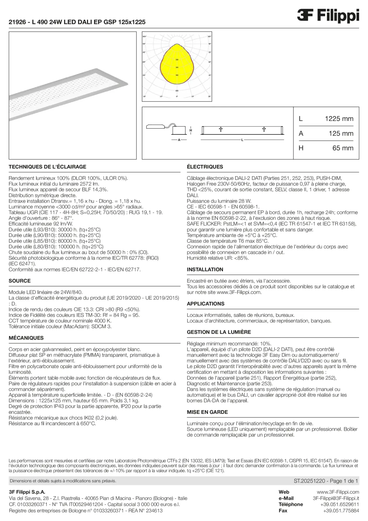 21926 - L 490 24W LED DALI EP GSP 125x1225 - Datasheet - fr
