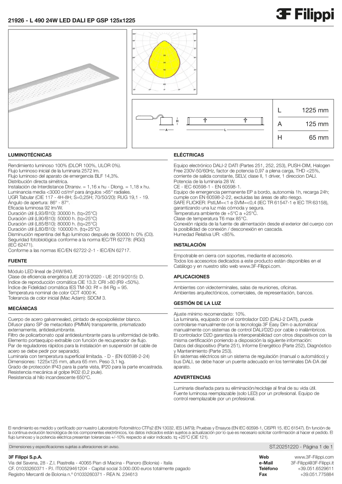 21926 - L 490 24W LED DALI EP GSP 125x1225 - Datasheet - es