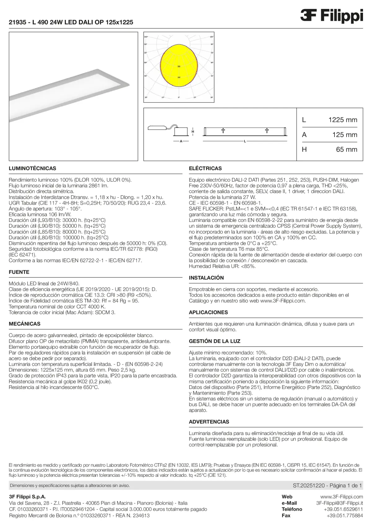 21935 - L 490 24W LED DALI OP 125x1225 - Datasheet - es