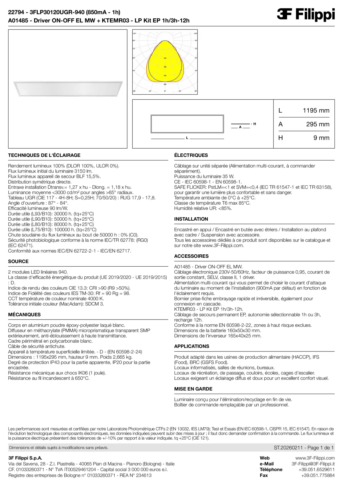22794+A01485+KTEMR03 - 3FLP30120UGR-940 (850mA - 1h) + ON-OFF EL MW + Kit EP 1h-3h - Datasheet - fr