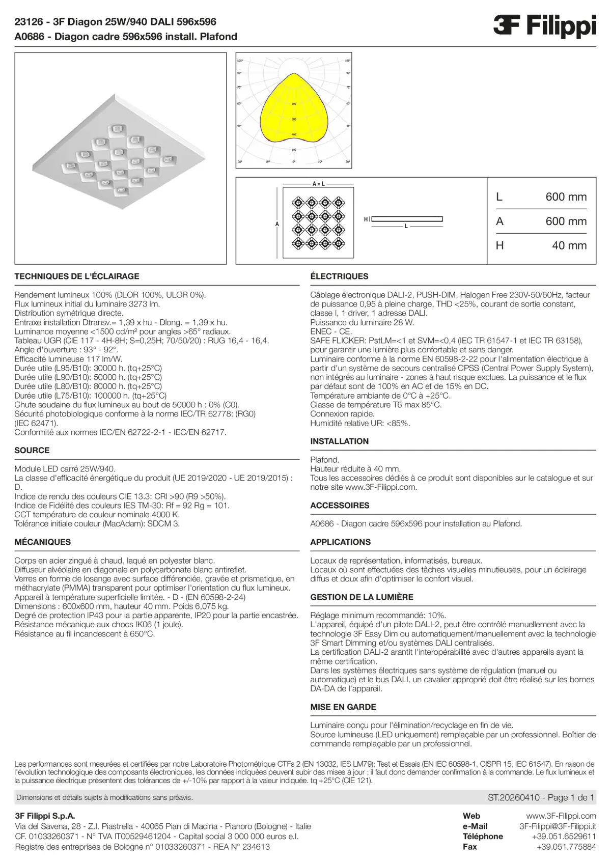 23126+A0686 - 3F Diagon 25W-940 DALI 596x596 + Corn.plaf. - Datasheet - fr