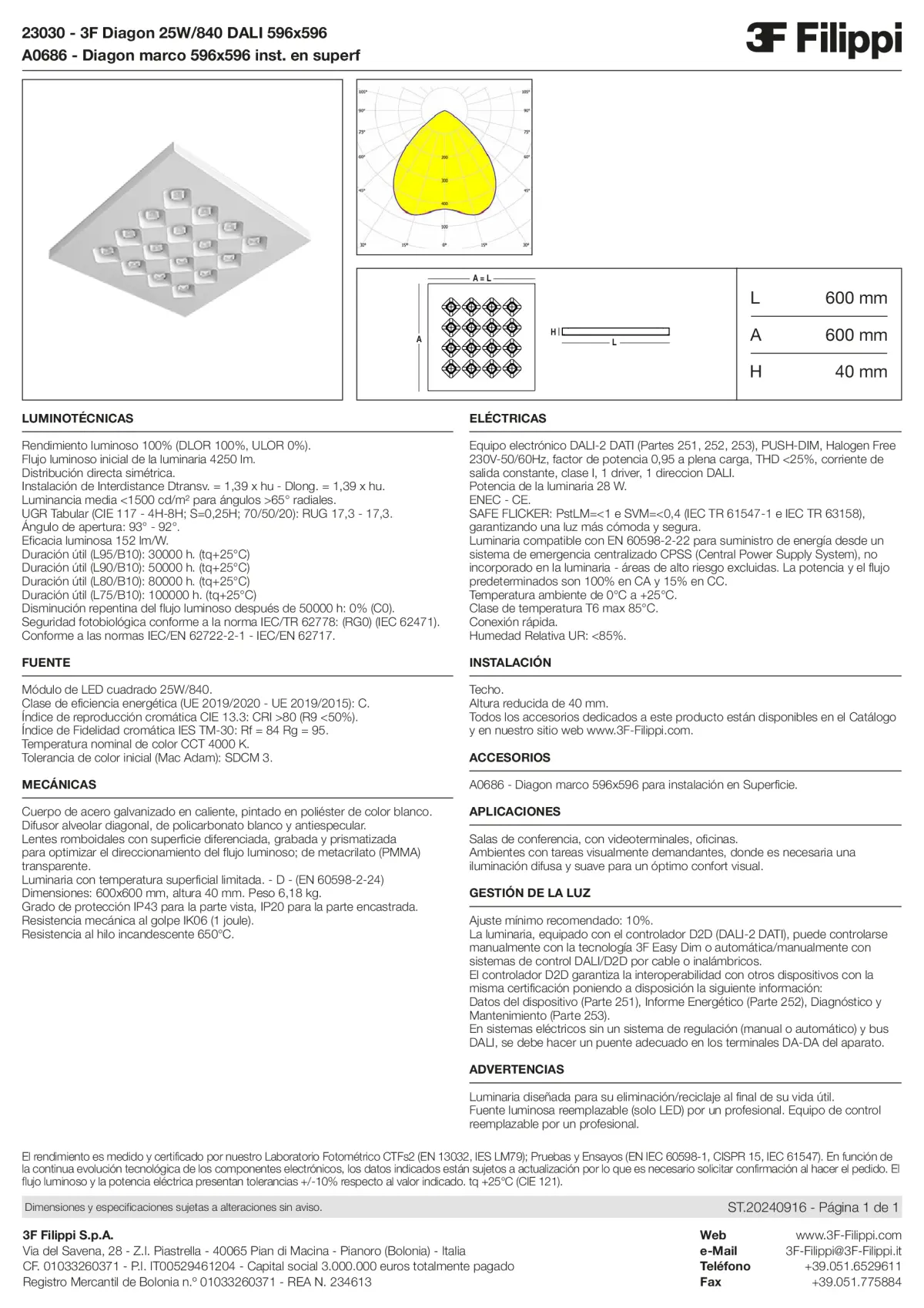 23030+A0686 - 3F Diagon 25W-840 DALI 596x596 + Corn.plaf. - Datasheet - es