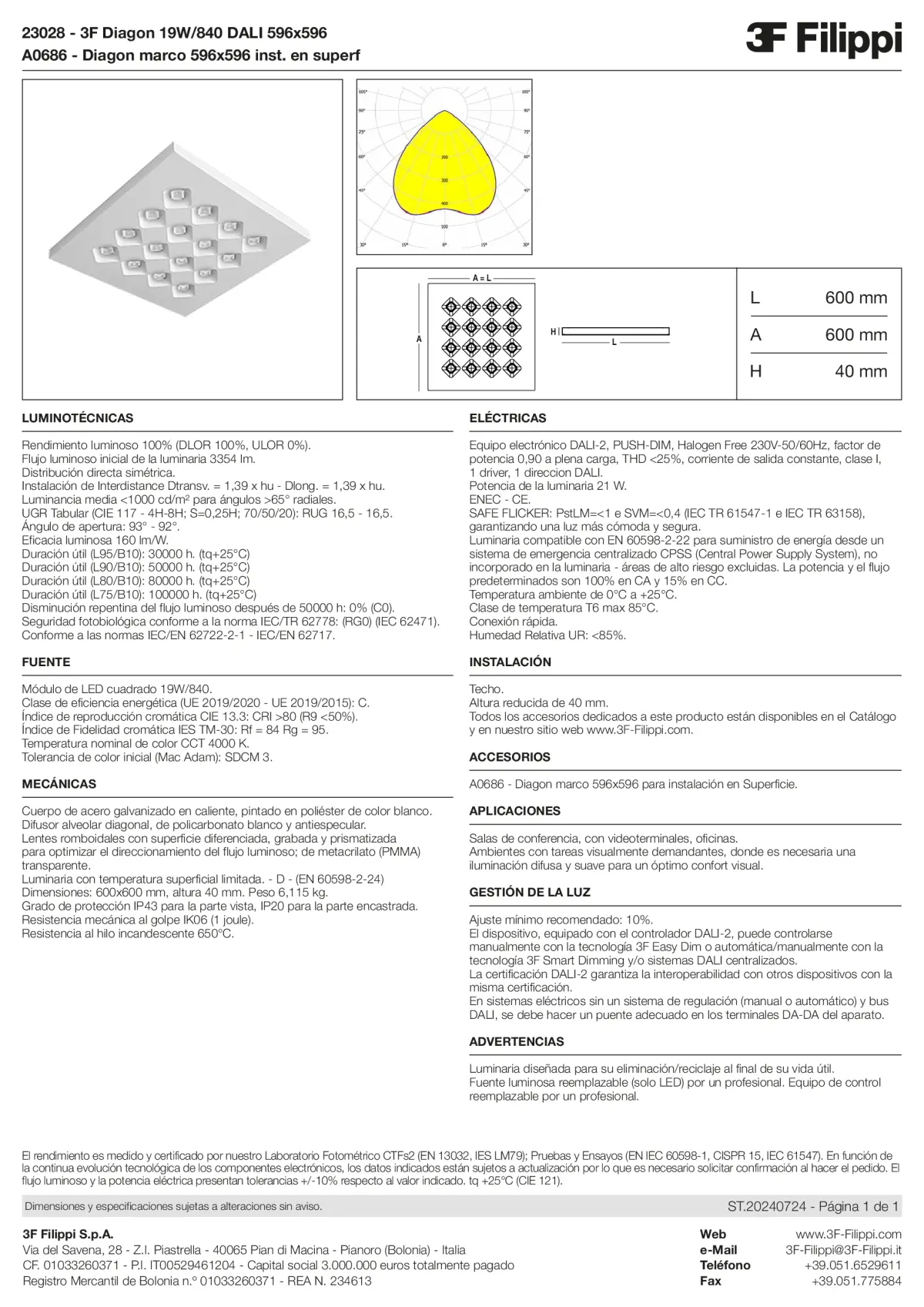 23028+A0686 - 3F Diagon 19W-840 DALI 596x596 + Corn.plaf. - Datasheet - es