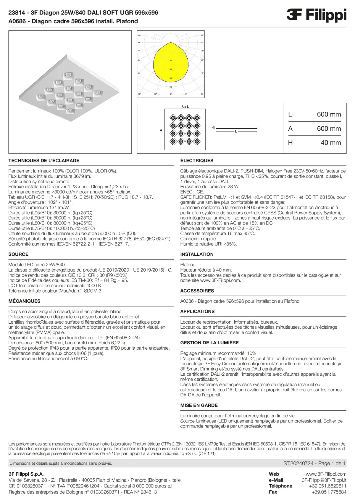 23814+A0686 - 3F Diagon 25W-840 DALI SOFT UGR 596x596 + Corn.plaf. - Datasheet - fr