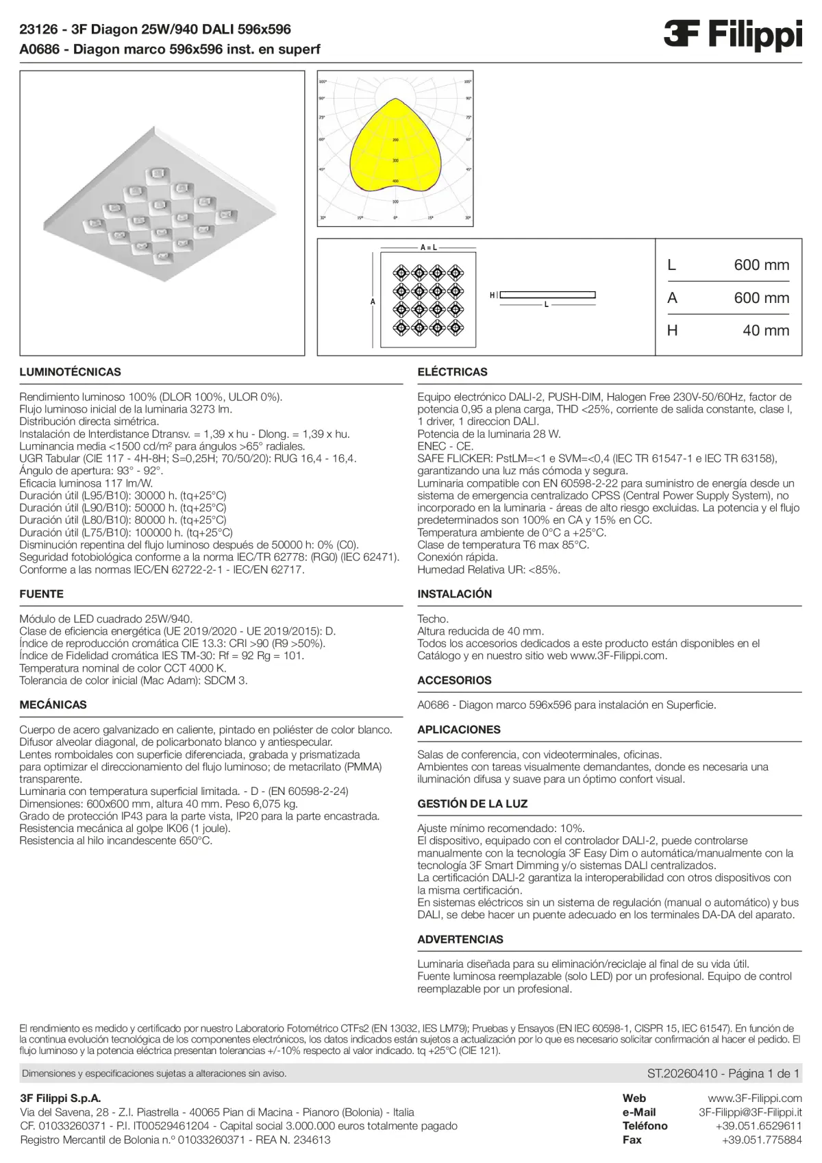 23126+A0686 - 3F Diagon 25W-940 DALI 596x596 + Corn.plaf. - Datasheet - es