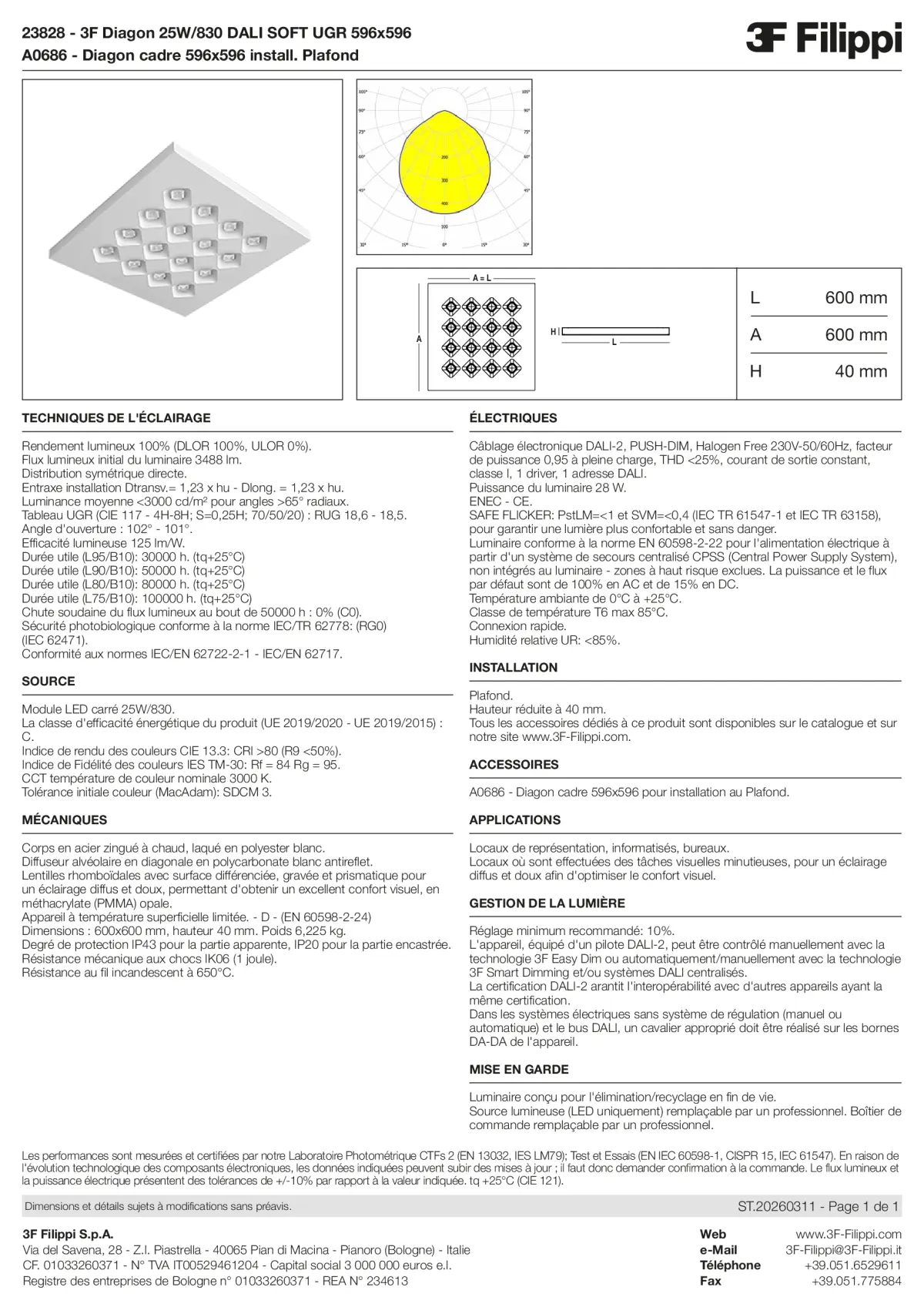 23828+A0686 - 3F Diagon 25W-830 DALI SOFT UGR 596x596 + Corn.plaf. - Datasheet - fr