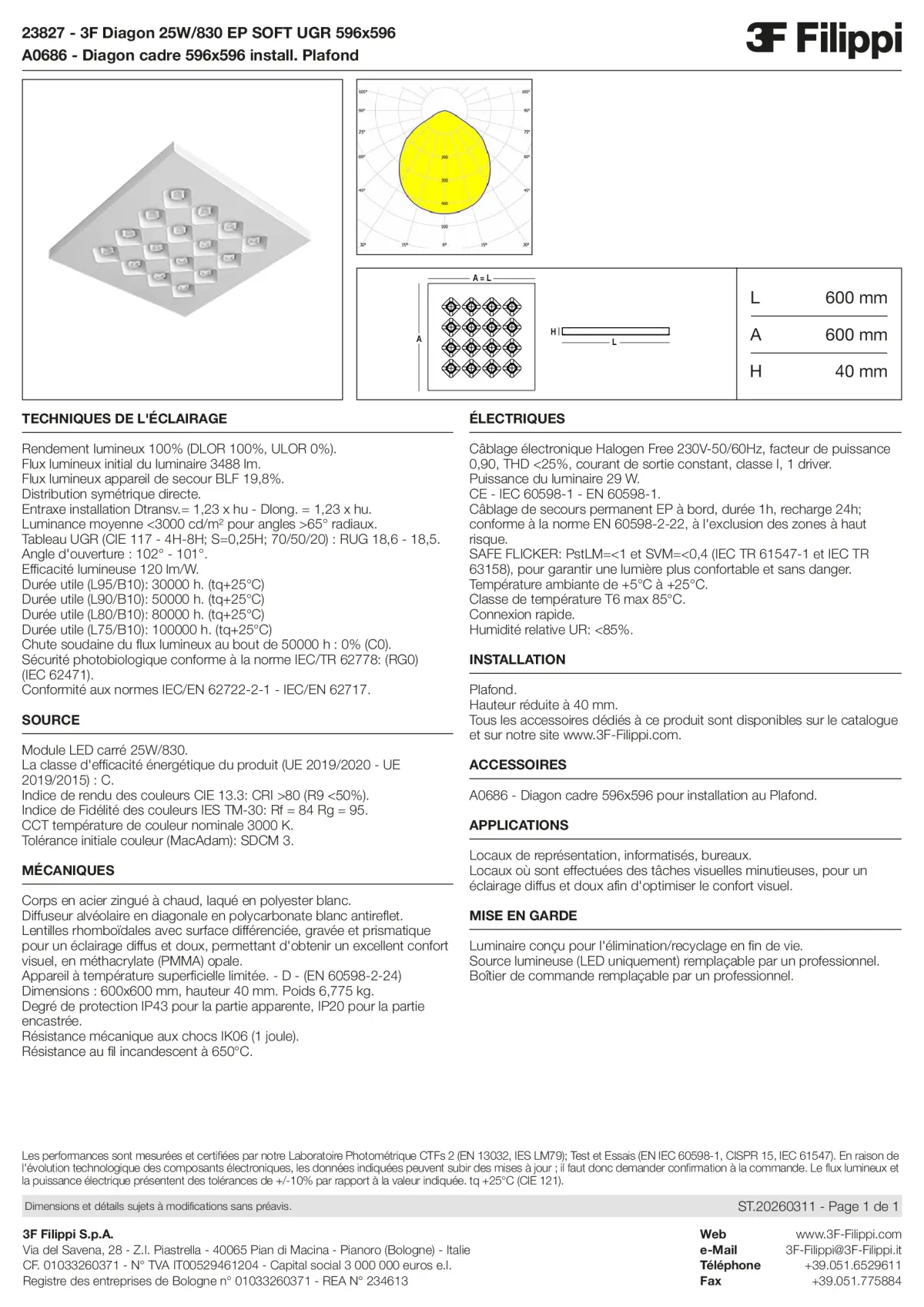 23827+A0686 - 3F Diagon 25W-830 EP SOFT UGR 596x596 + Corn.plaf. - Datasheet - fr