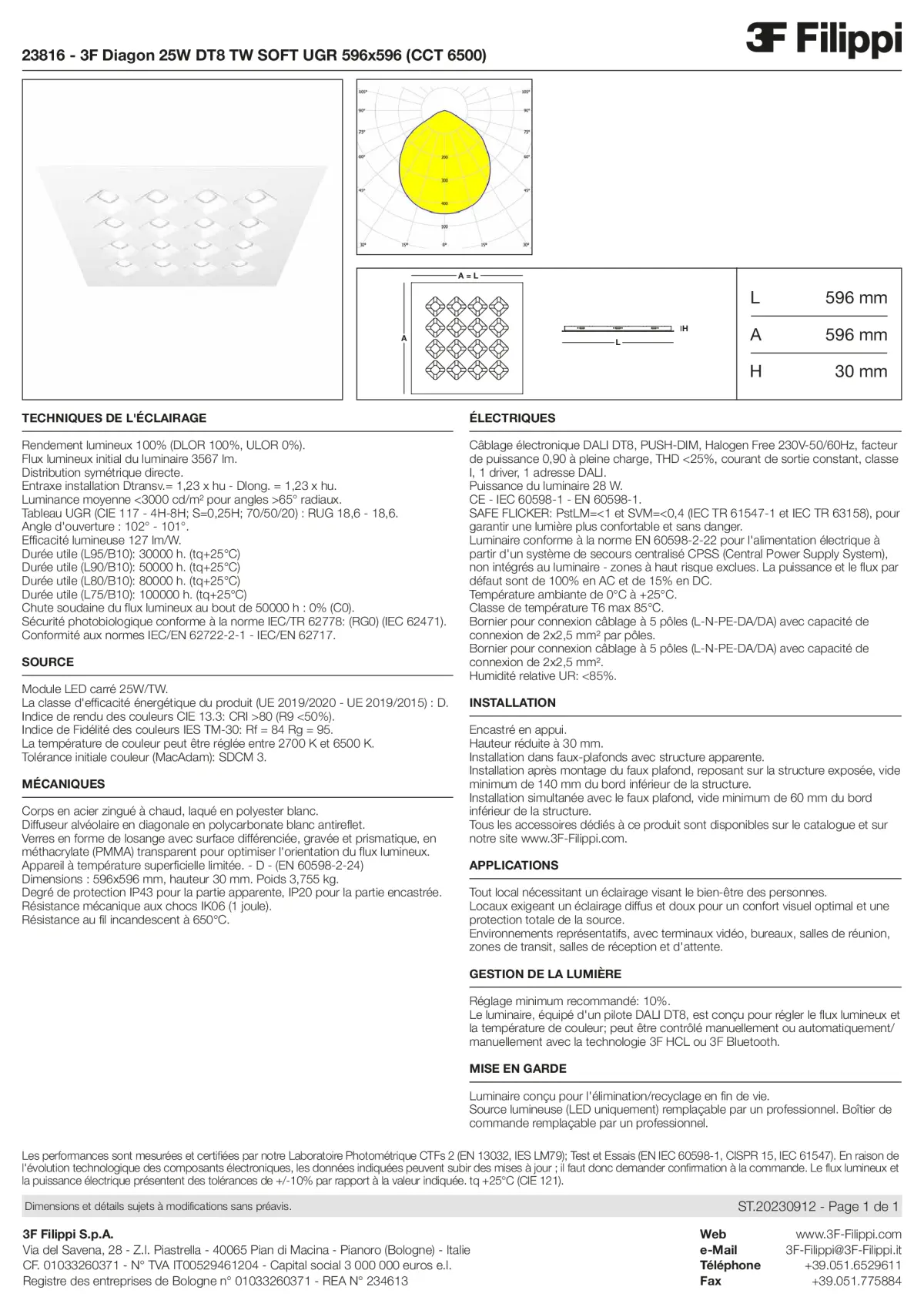 23816 - 3F Diagon 25W DT8 TW SOFT UGR 596x596 (CCT 6500) - Datasheet - fr