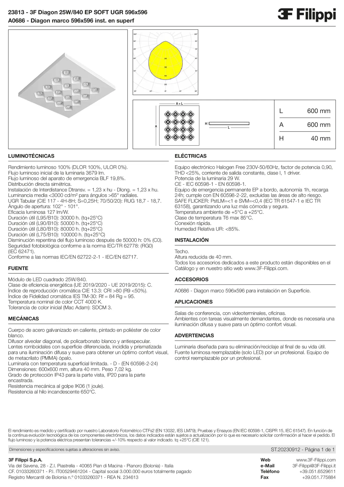 23813+A0686 - 3F Diagon 25W-840 EP SOFT UGR 596x596 + Corn.plaf. - Datasheet - es