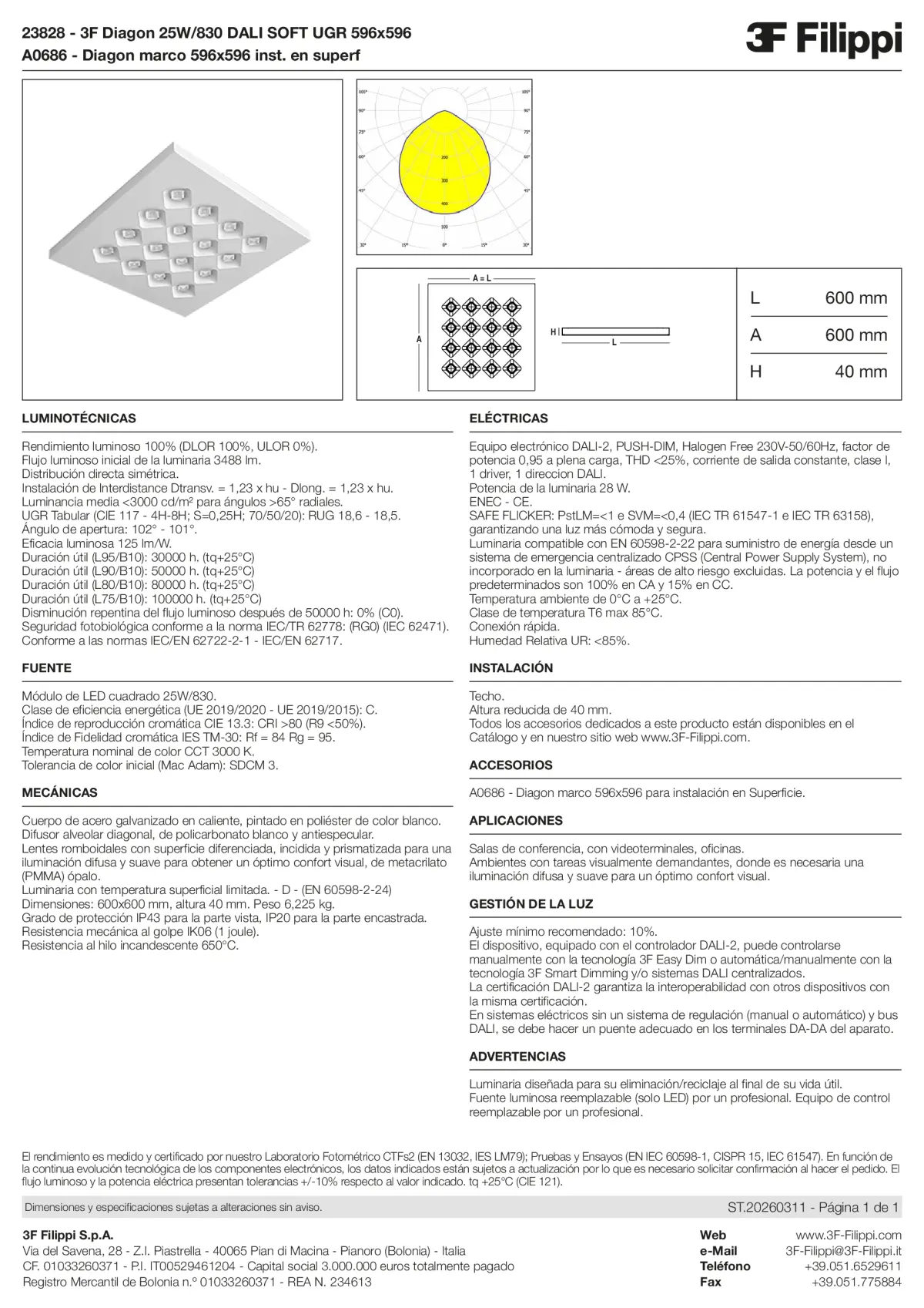23828+A0686 - 3F Diagon 25W-830 DALI SOFT UGR 596x596 + Corn.plaf. - Datasheet - es