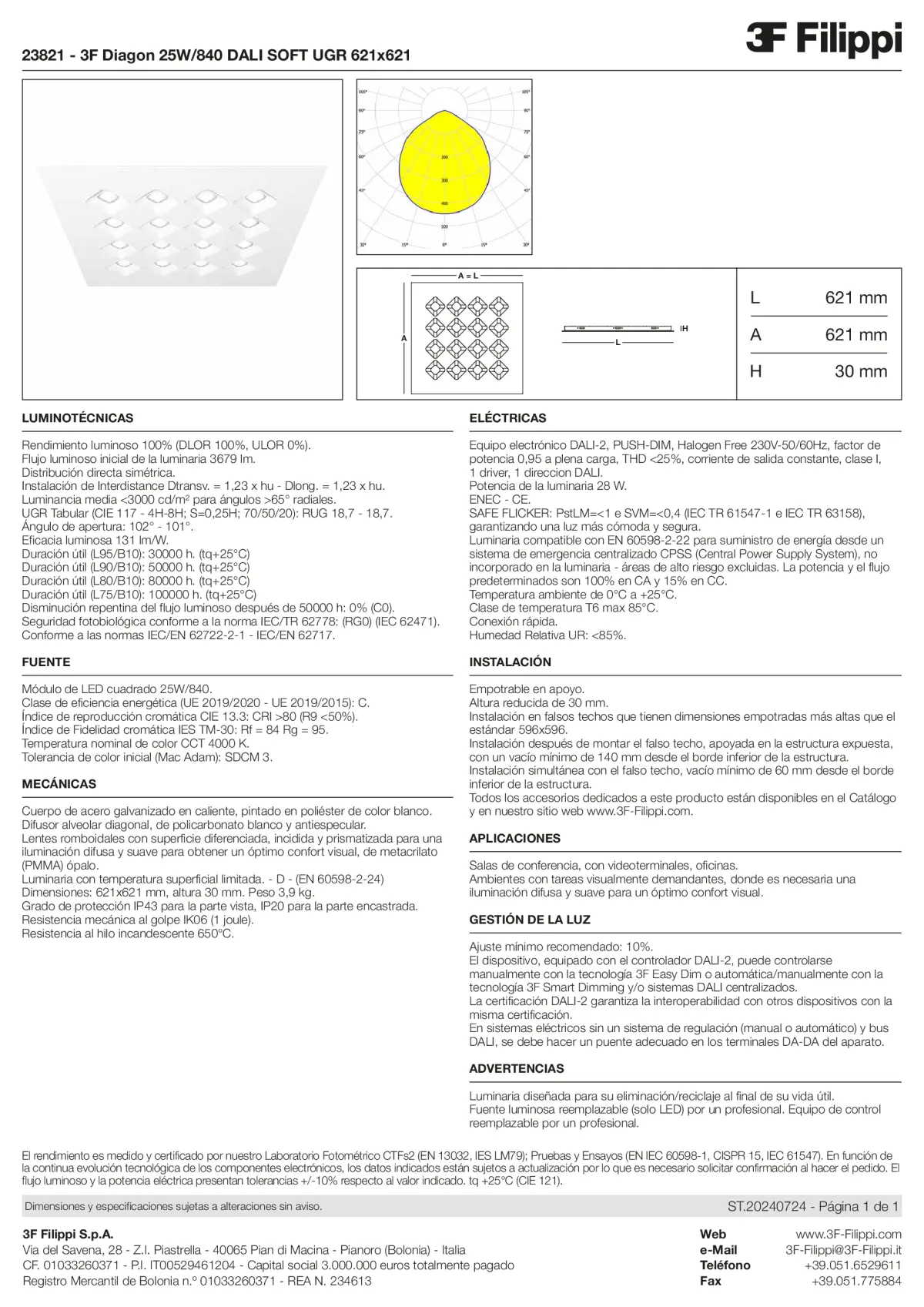 23821 - 3F Diagon 25W-840 DALI SOFT UGR 621x621 - Datasheet - es