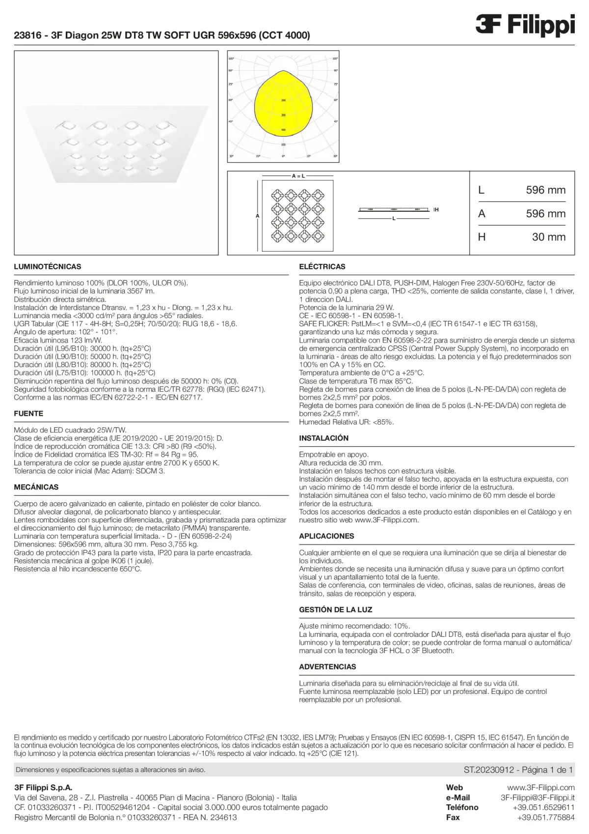 23816 - 3F Diagon 25W DT8 TW SOFT UGR 596x596 (CCT 4000) - Datasheet - es