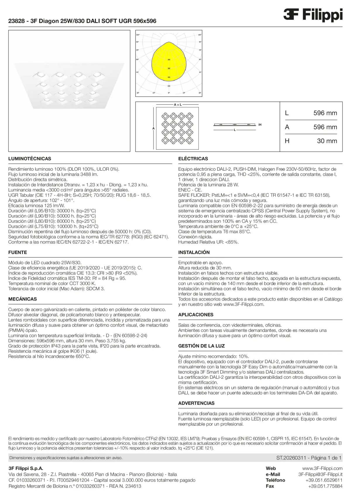 23828 - 3F Diagon 25W-830 DALI SOFT UGR 596x596 - Datasheet - es