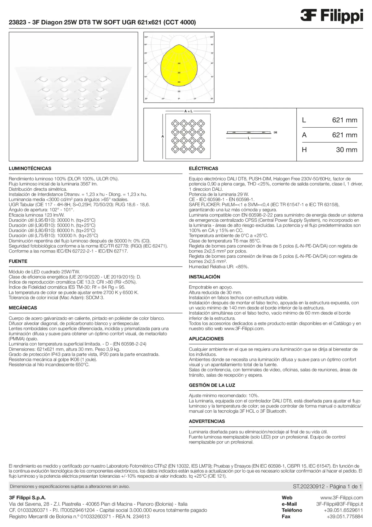23823 - 3F Diagon 25W DT8 TW SOFT UGR 621x621 (CCT 4000) - Datasheet - es